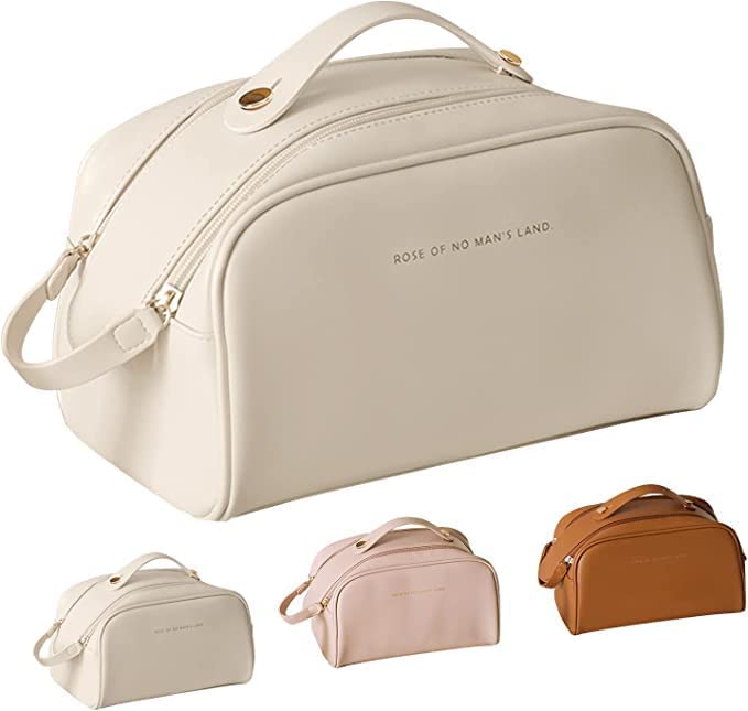 KISUASHI Large Waterproof Leather Travel Makeup Bag for Women - Multi-Compartment Cosmetic Organizer with Double Chains, Jewelry & Stationery Storage (Multicolor) - Perfect for Travel, Gym & Daily Use