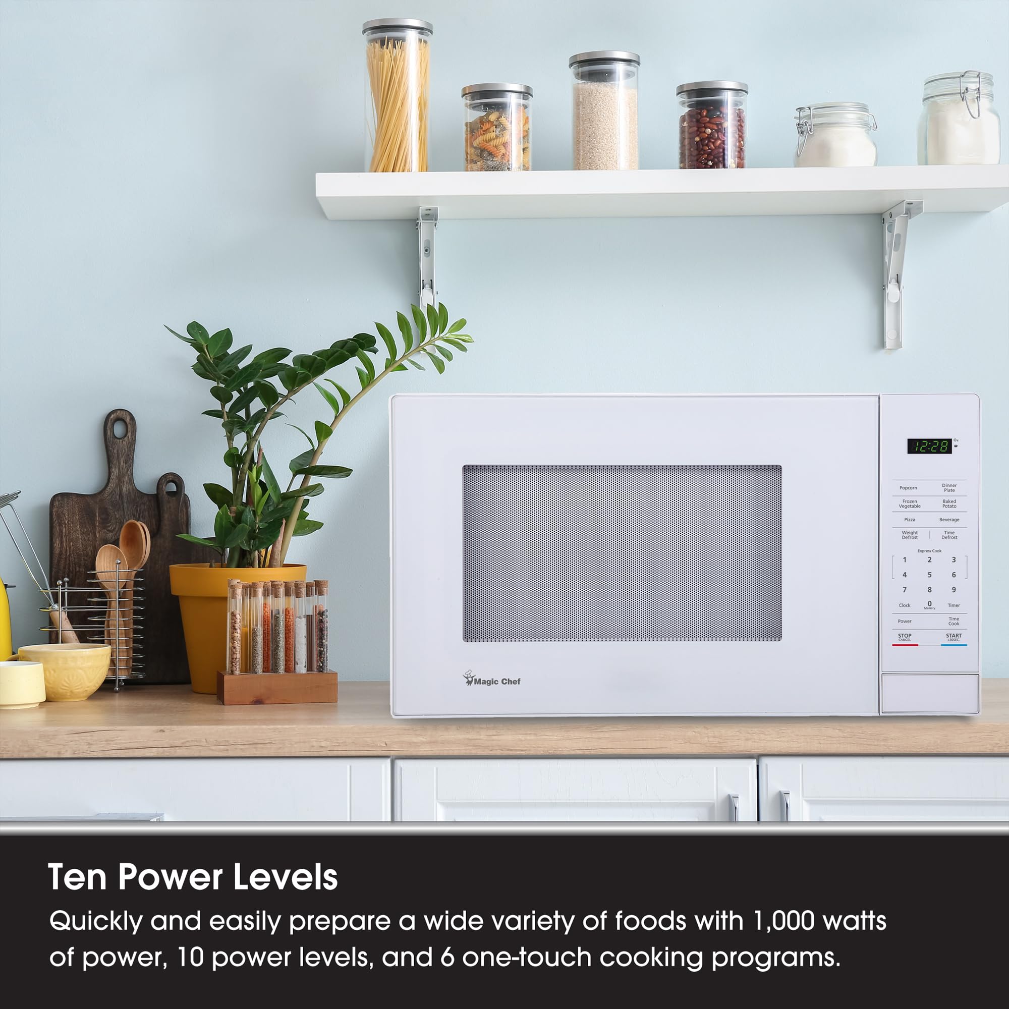 Magic Chef 1000W Compact Countertop Microwave Oven - 1.1 Cu Ft Small White Microwave for Dorm, Office & Kitchen - Fast Cooking & Reheating