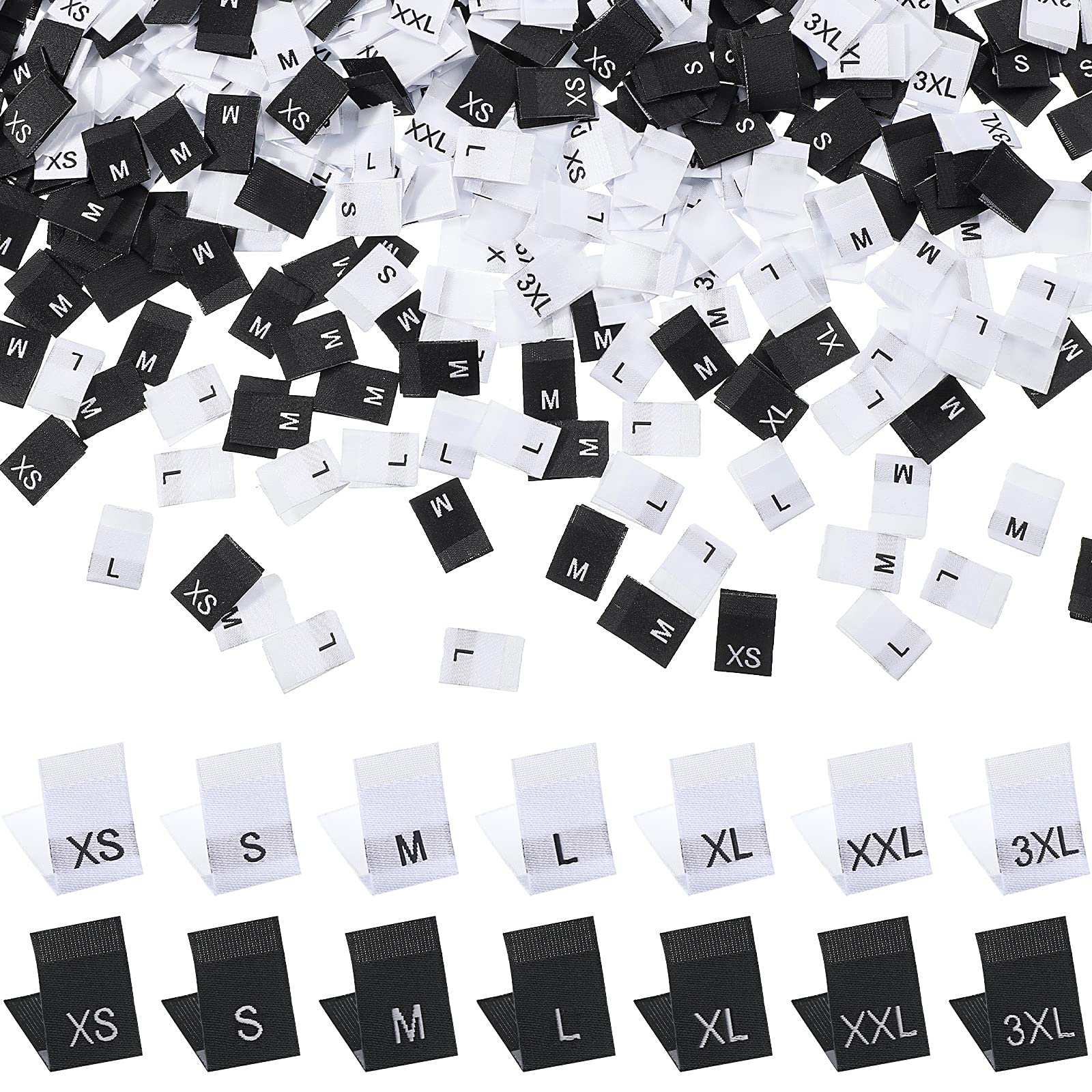 TecUnite 700 Pcs Woven Clothing Size Labels - XS to 3XL Sewing Tags for Garments, Fabric & DIY Crafts - White & Black Mix - Perfect for T-Shirts, Jeans & Handmade Apparel