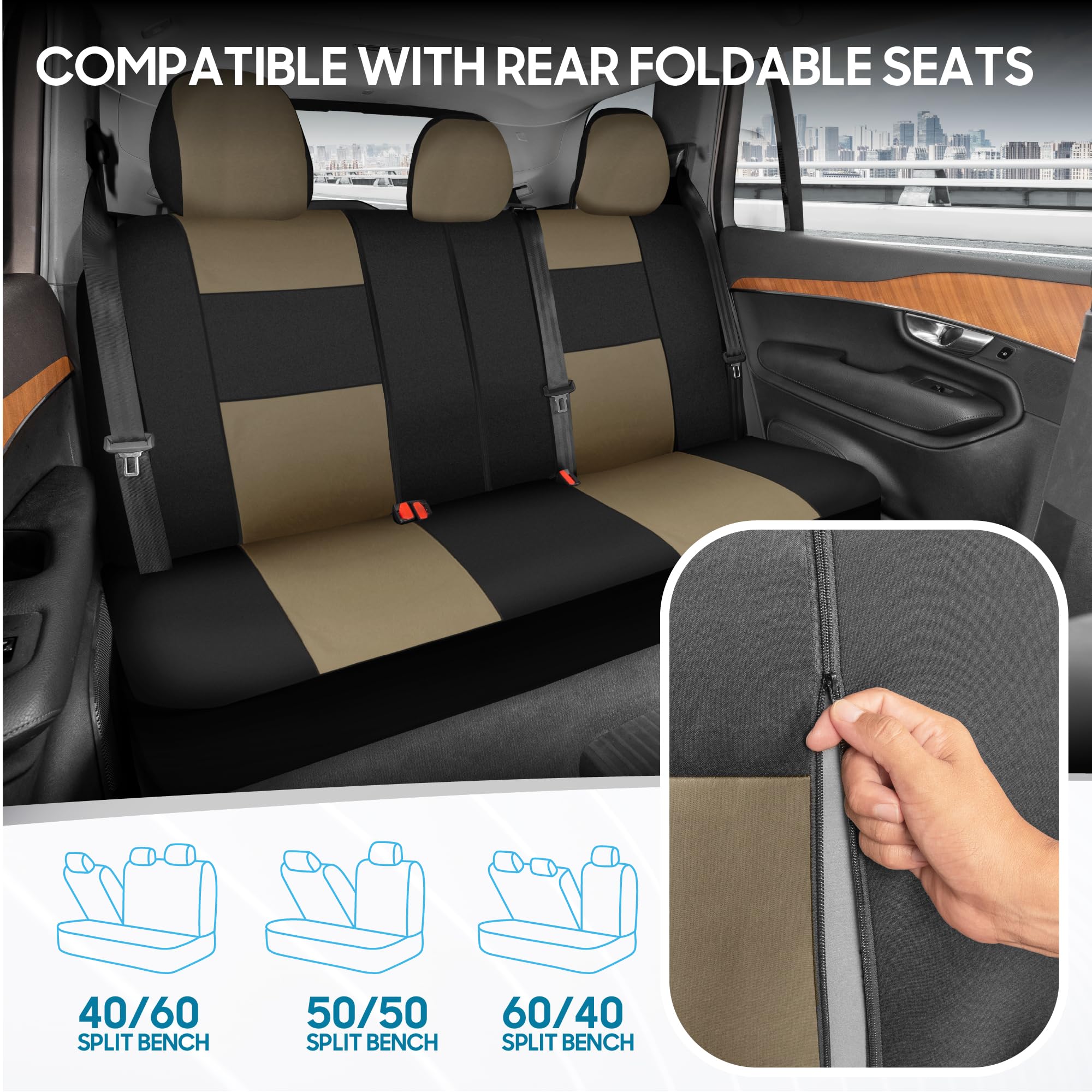BDK PolyPro Full Set Car Seat Covers - Beige on Black Split Bench Design for Front & Rear Seats | Universal Fit for Cars, Trucks, Vans & SUVs | Easy Installation | Perfect for Daily Commute, Road Trips & Family Protection