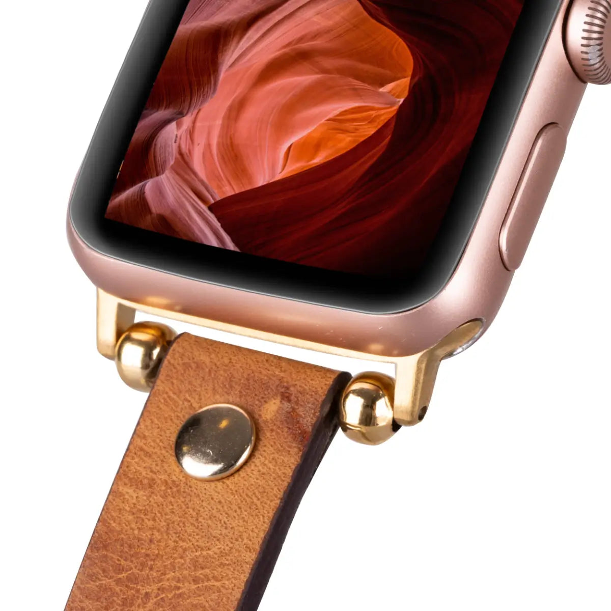 Premium Camel Leather Ultra Slim Apple Watch Band with Gold Rivets - Stylish & Durable for Workouts, Office & Everyday Wear