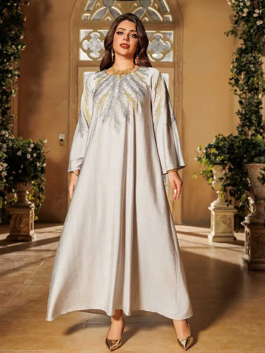 Elegant Eid Embroidered Hotfix Rhinestone Caftan Kaftan Dress for Women - Perfect for Holiday Parties, Weddings & Special Occasions