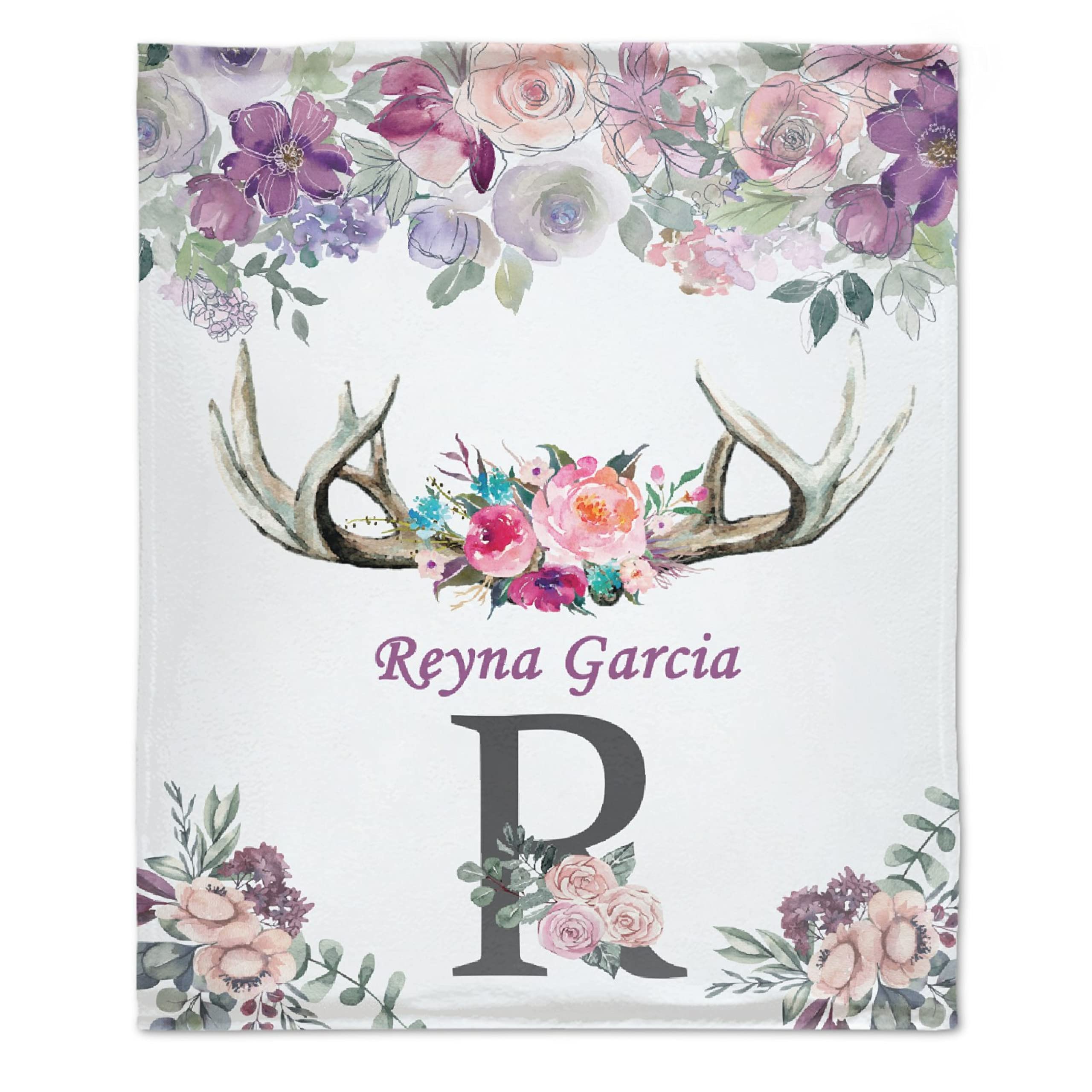 **Personalized Baby Blanket with Name - Custom Deer Horns & Floral Design, Soft Purple Fleece Blanket for Girls, Boys, Kids - Perfect for Baby Shower, Birthday Gift, Daughter, Granddaughter, Niece - 120