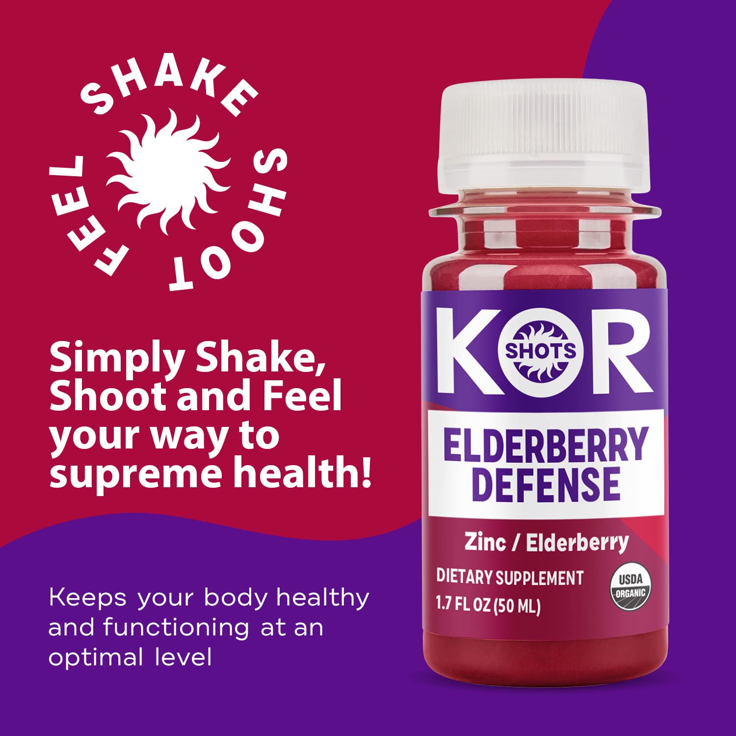 KOR Shots Elderberry and Zinc Immunity Booster - 24 Pack x 1.7 Fl Oz - USDA Certified Organic - Supports Immune Health for Cold & Flu Season, Travel, and Daily Wellness
