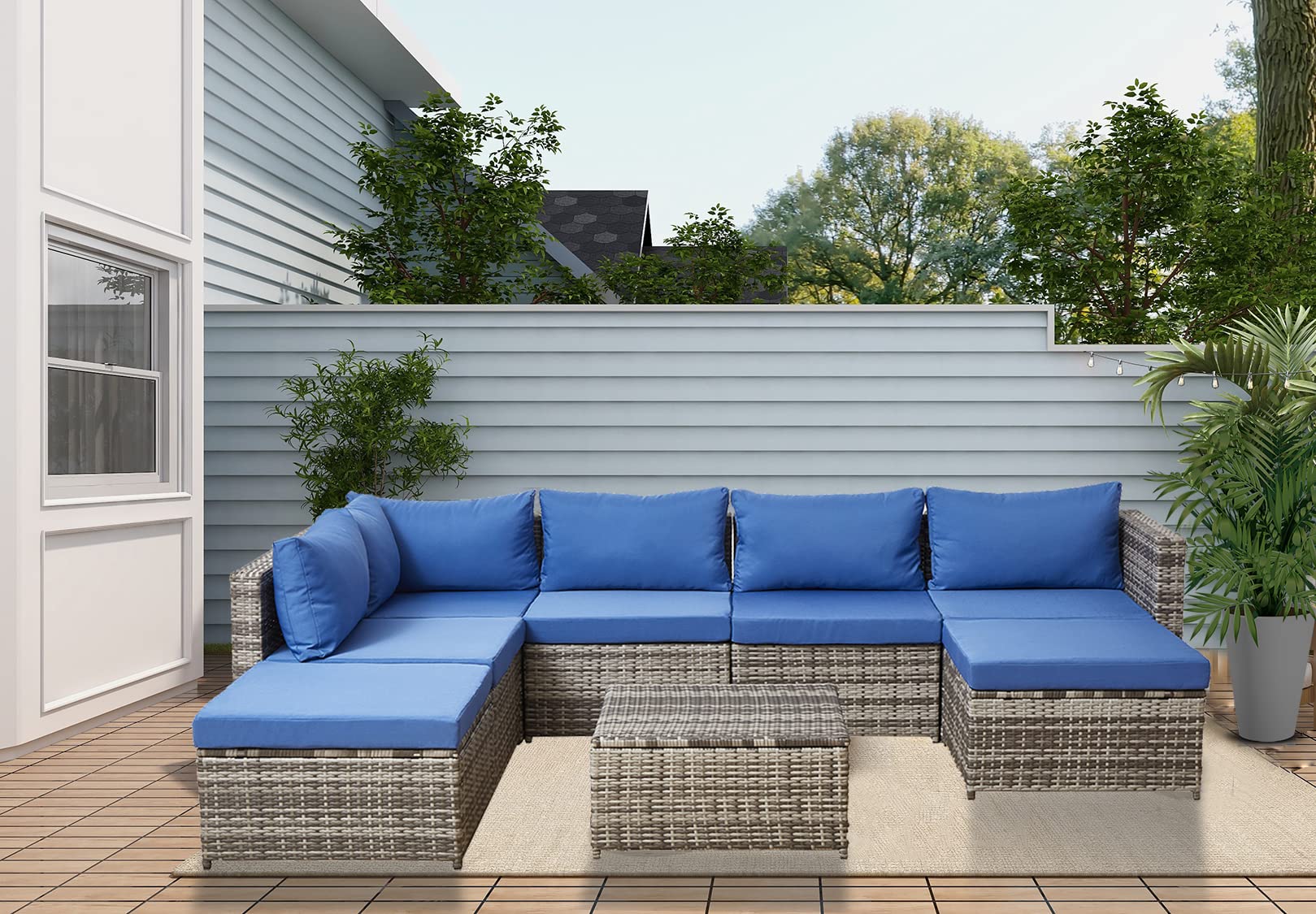 8-Piece All-Weather PE Rattan Outdoor Patio Sofa Set with Storage Table - Brown & Blue Wicker Sectional Couch for Garden, Poolside, and Backyard Relaxation
