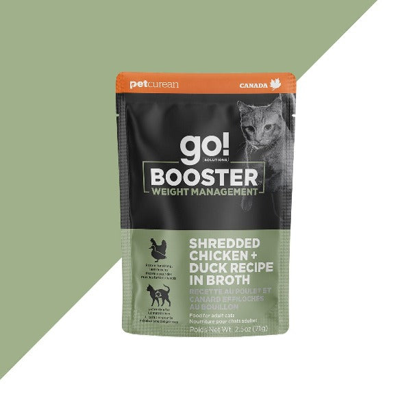 Premium Weight Management Wet Cat Food - Go! Solutions Booster Shredded Chicken & Duck in Bone Broth - High Protein, Grain-Free Recipe for Adult Cats - Perfect for Weight Control & Digestive Health