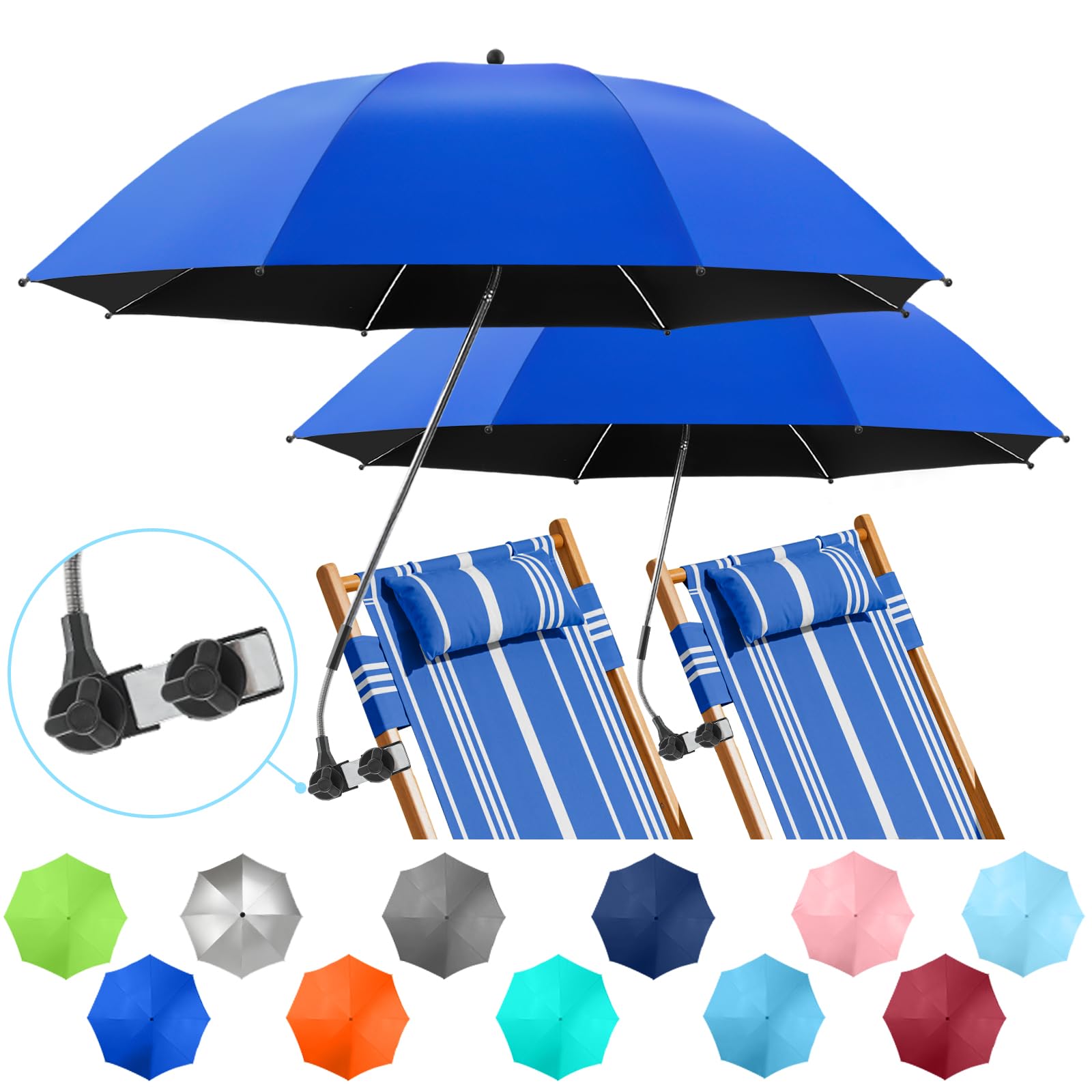 2 Pack Adjustable 360° Clamp-On Chair Umbrella with UPF50+ Sun Protection - Perfect for Beach, Patio, Wheelchair, Camping & Golf Cart Use (Chairs Not Included)