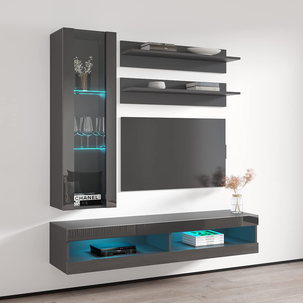 Modern Gray Wall-Mounted TV Stand with Storage Shelves & LED Lights - Floating Entertainment Center Console for Living Room & Bedroom - Perfect for Small Spaces & Home Theater Setups