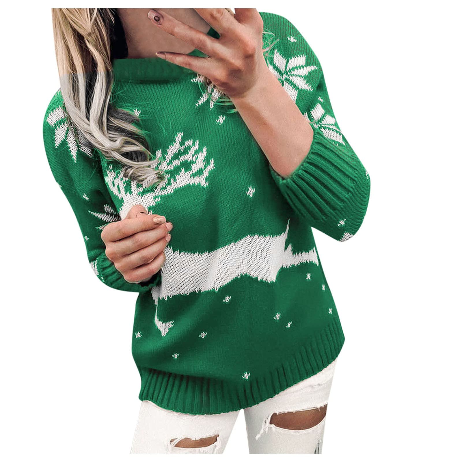 Women's Christmas Reindeer Snowflake Knit Sweater - Cozy Long Sleeve Turtleneck Pullover for Winter | Holiday Party Outfit, Casual Christmas Fashion, Seasonal Gift