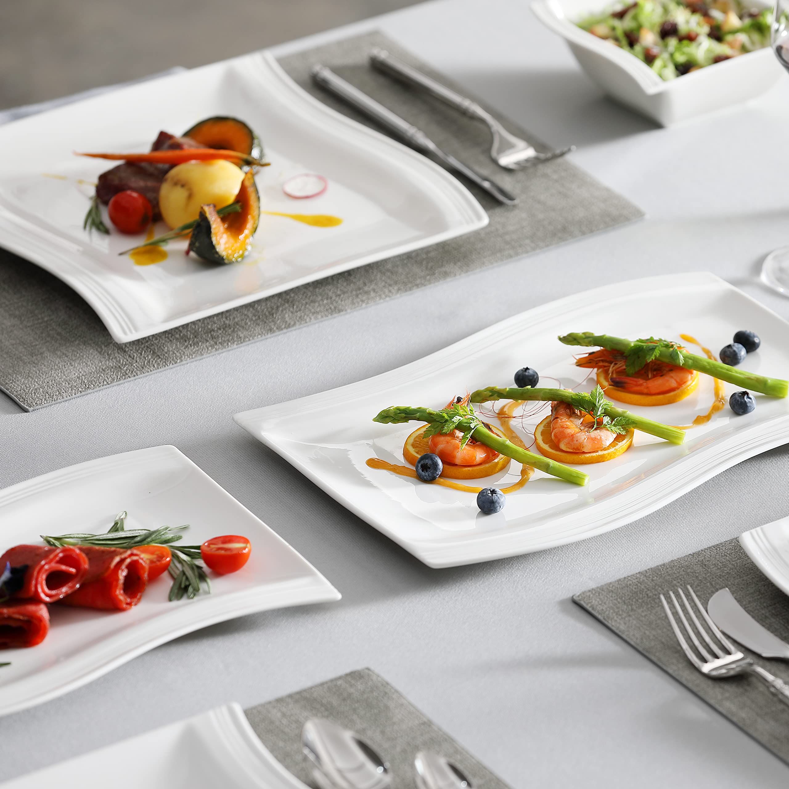 MALACASA 26-Piece Ivory White Porcelain Dinnerware Set - Square Plates, Bowls & Serving Platters for 6, Modern Flora Series Dish Set - Perfect for Family Dinners, Parties & Restaurant Use
