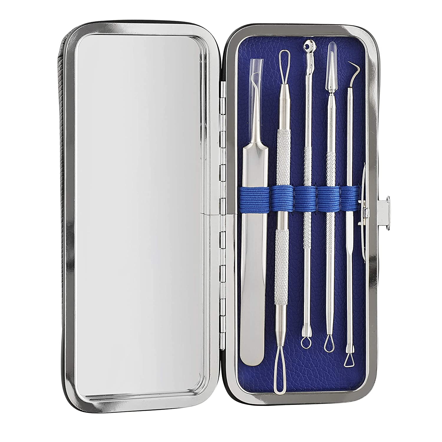 Stainless Steel Blackhead Remover Kit - Anti-Slip Handle Comedone Extractor Tools with Travel Case (5-Pack) - Perfect for Facial Care, Acne Treatment & At-Home Spa Days