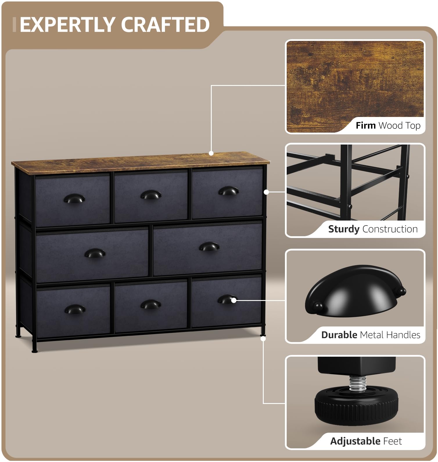 Sorbus 8-Drawer Dresser Organizer - Sturdy Steel Frame & Wood Top Chest with Easy Pull Fabric Bins for Clothes Storage | Perfect for Bedroom, Hallway, Living Room, Nursery & Closet Organization | Space-Saving Furniture for Small Apartments & Dorm Rooms