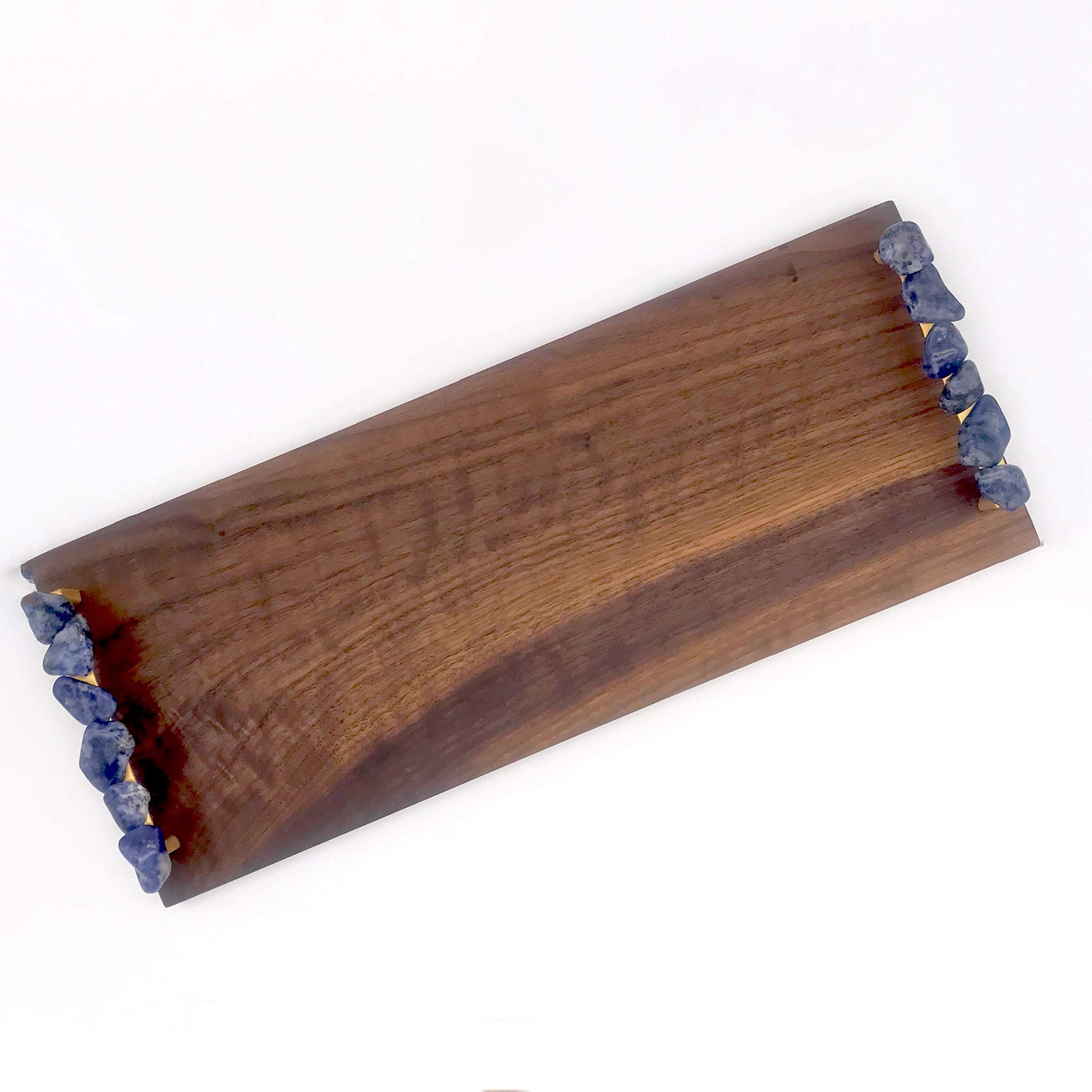 Handcrafted Solid Walnut Wood Serving Tray with Blue Sodalite Gemstone Handles - Cheese Board, Charcuterie Platter for Entertaining, Wedding Gifts & Home Decor