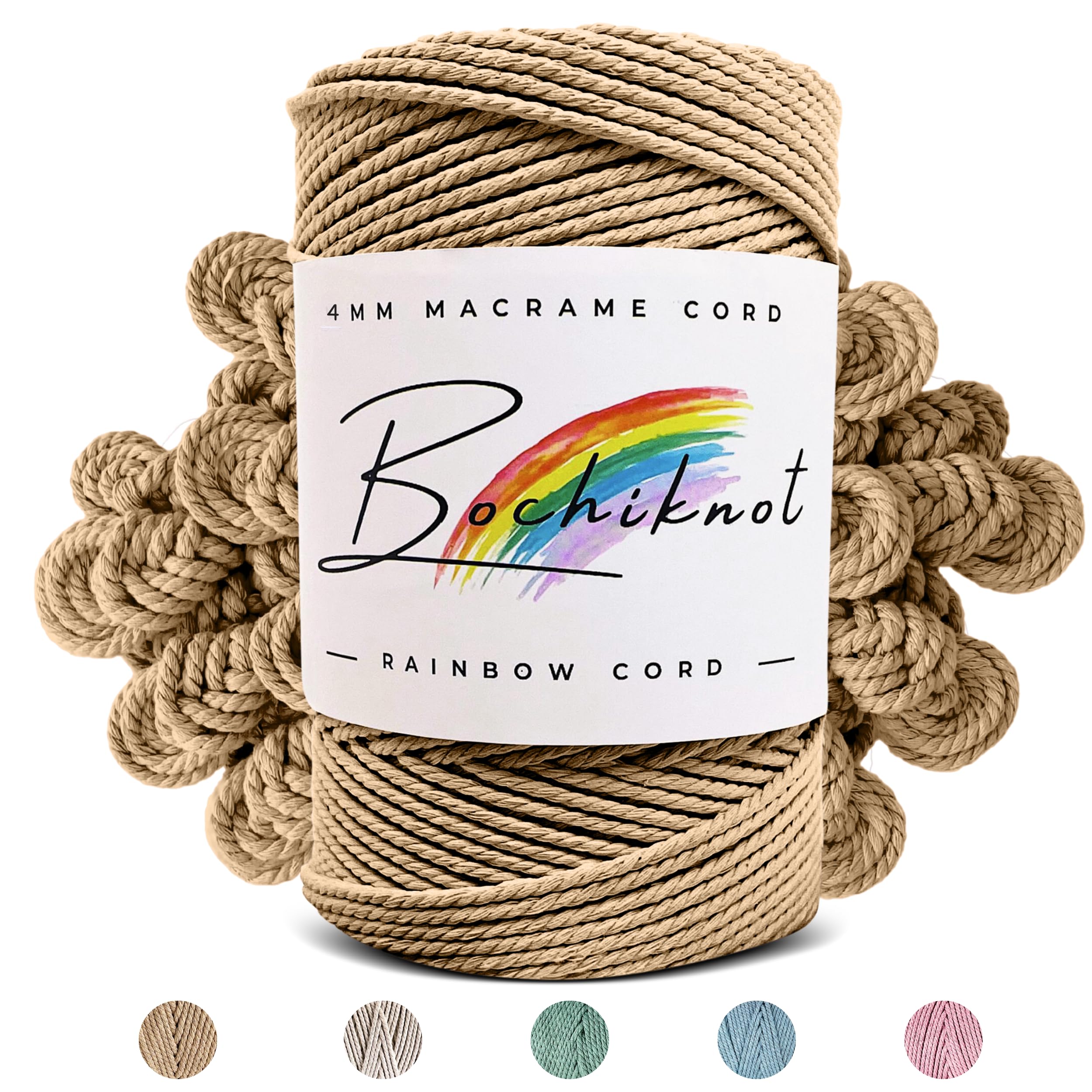 BOCHIKNOT 4mm x 240yds Macrame Cotton Cord - 3ply Rope for DIY Crafts, Wall Hangings, Plant Hangers & Home Decor - Soft Buttermilk Colored Yarn for Macrame Knots & Boho Style Projects - Perfect for Beginners & Professional Crafters