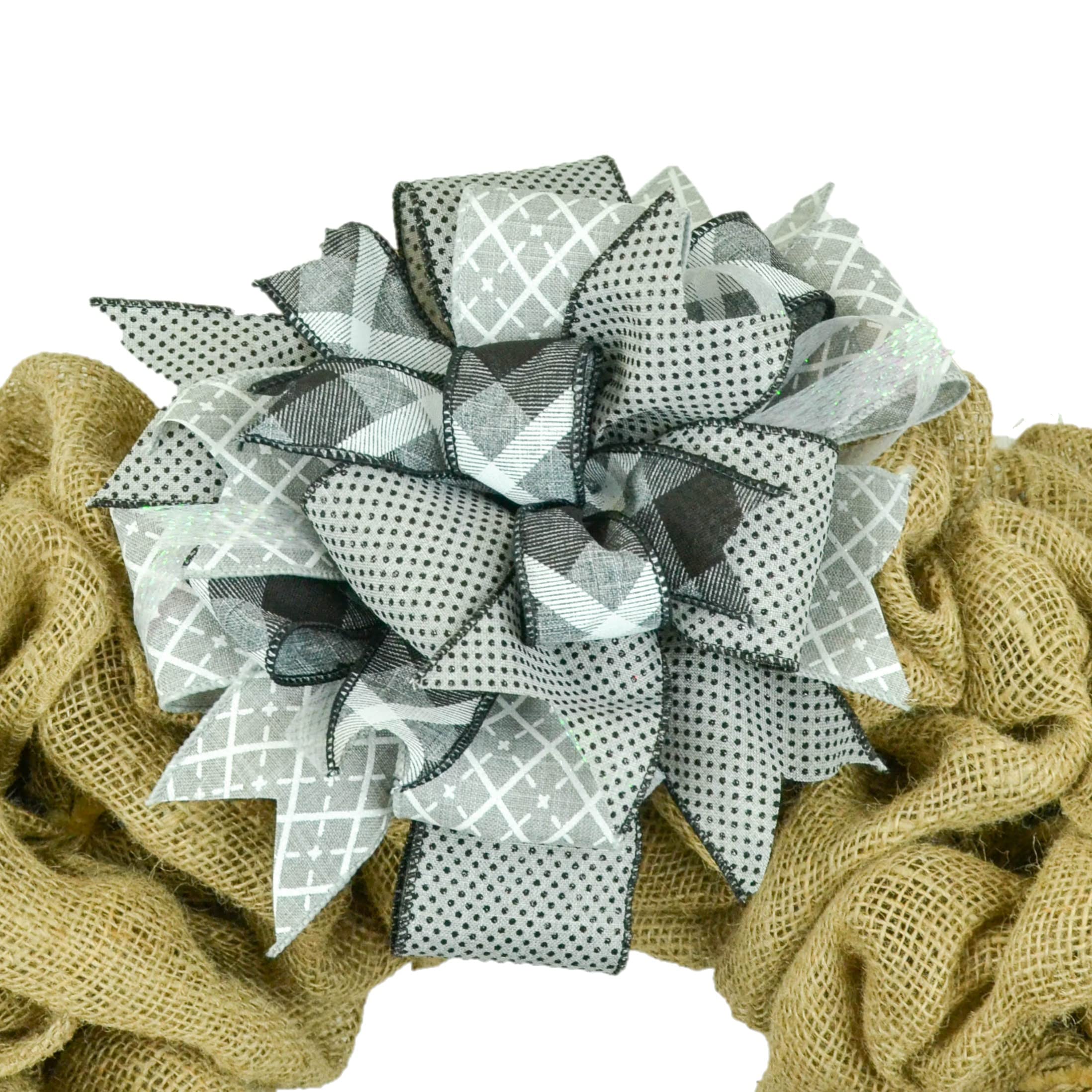 Farmhouse Burlap Lantern Wreath Bow - Handmade Layered Decorative Embellishment for DIY Wreaths (Set of 10, Grey/Black) - Perfect for Front Door Decor, Seasonal Wreath Making, and Rustic Home Decor