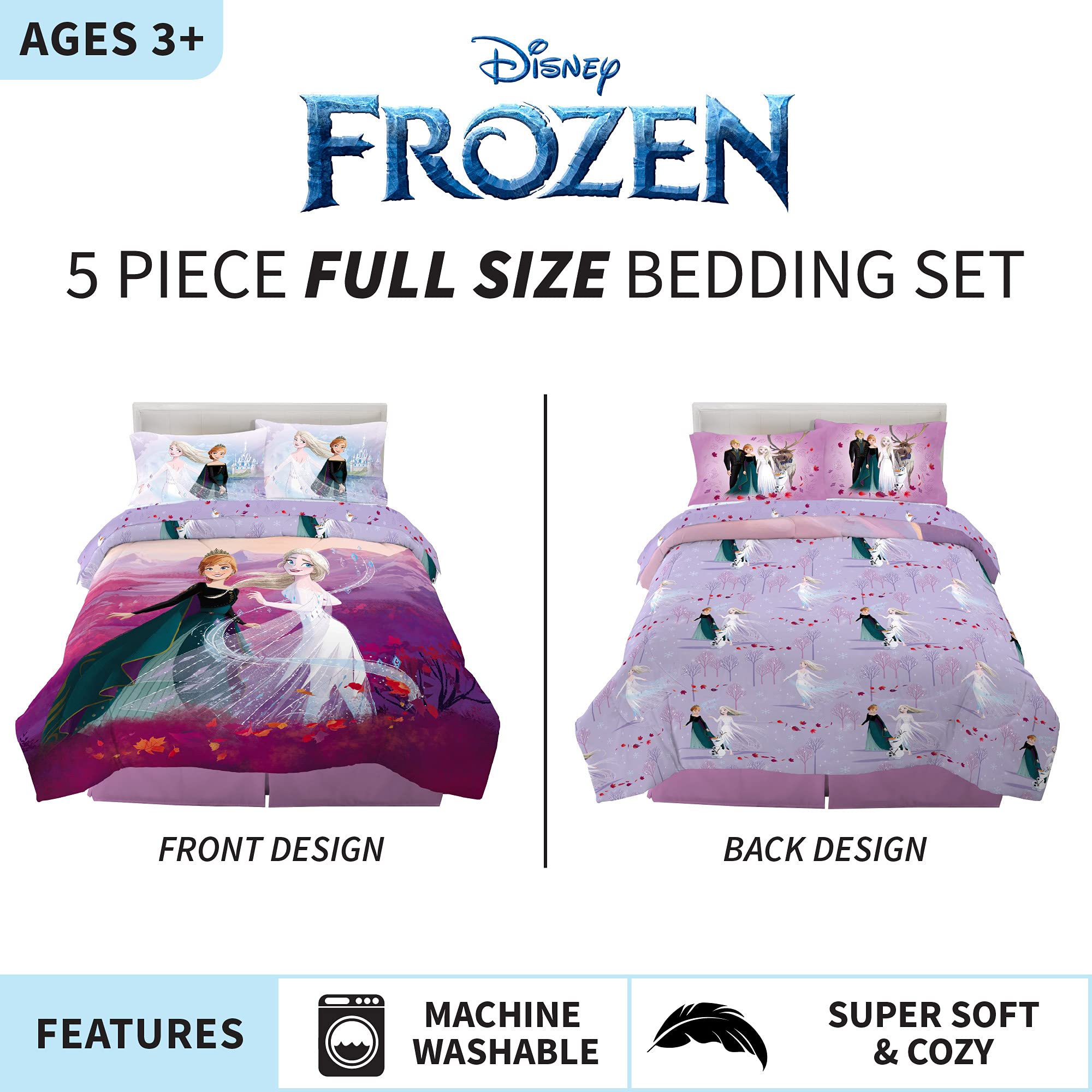 Disney Frozen 2 Kids Bedding Set - 5 Piece Full Size Super Soft Comforter & Sheet Set | Official Disney Licensed Product by Franco | Perfect for Kids' Bedroom, Sleepovers & Themed Rooms