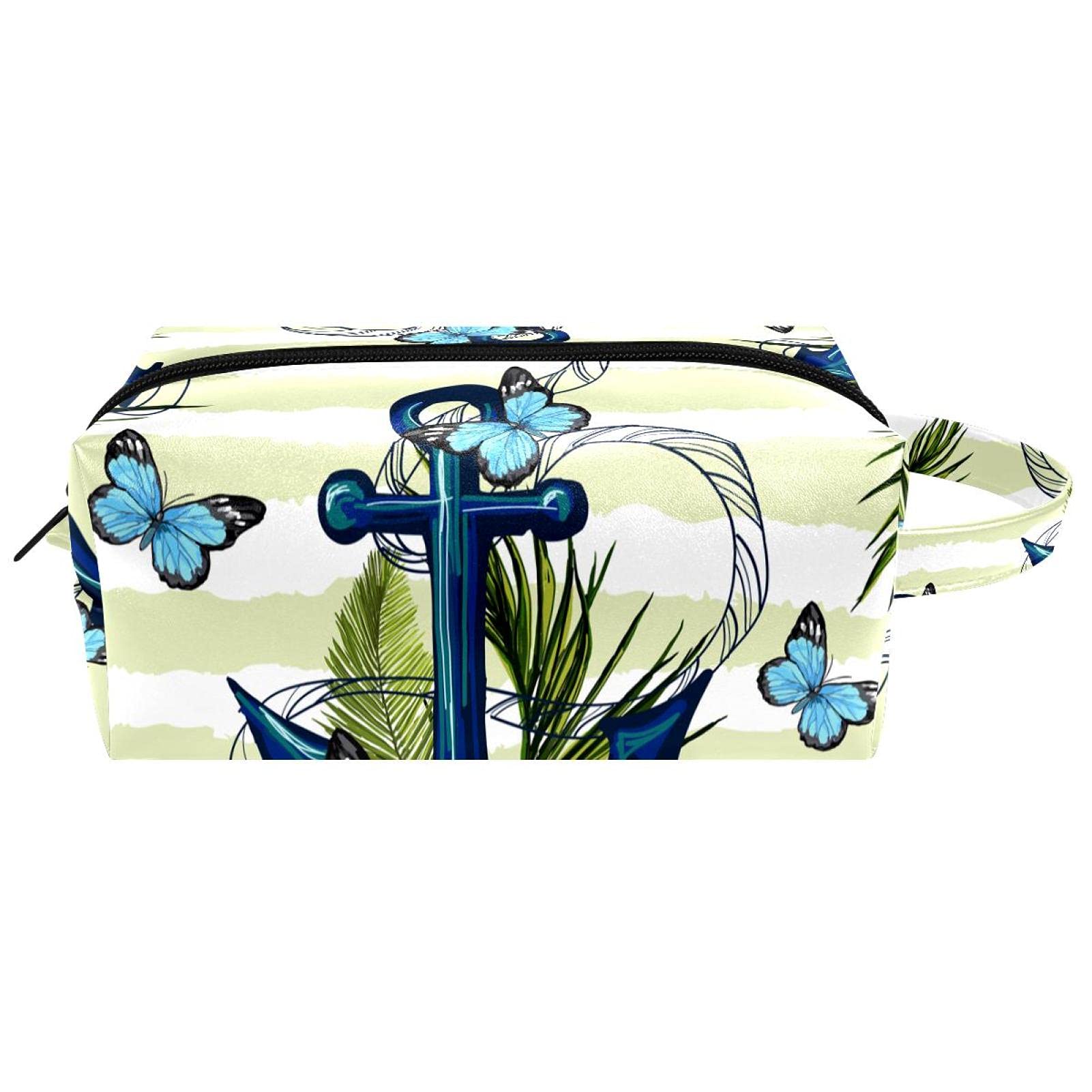 Portable Travel Cosmetic Bag with Carry Handle - Waterproof Toiletry Organizer for Women & Girls | Brush Pouch, Butterfly Green Stripes Design | Perfect for Vacation, Gym, and Daily Makeup Storage