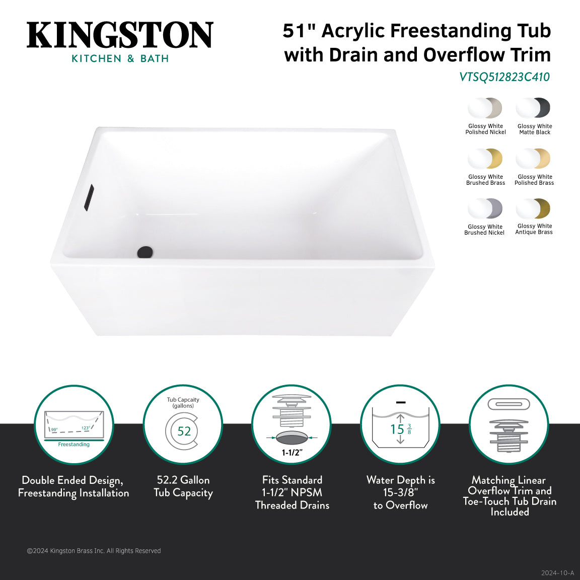Aqua Eden 51 Inch Acrylic Freestanding Bathtub - Rectangular Double Ended Soaking Tub with Drain - Glossy White/Matte Black Finish - Perfect for Modern Bathroom & Spa Relaxation