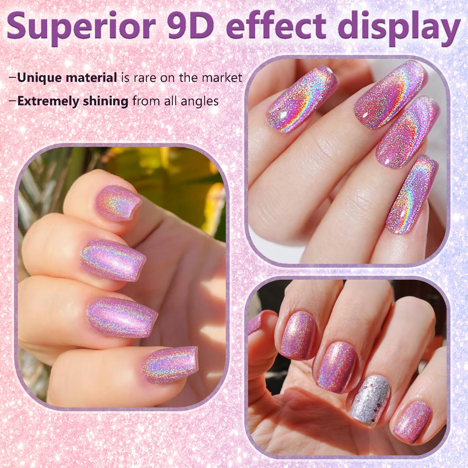 Rainbow Glitter Magnetic Gel Nail Polish - Holographic Sparkle Cat Eye Nail Lacquer for Galaxy Laser Nails (Purple) - Perfect for Manicures, Nail Art Designs & Special Occasions