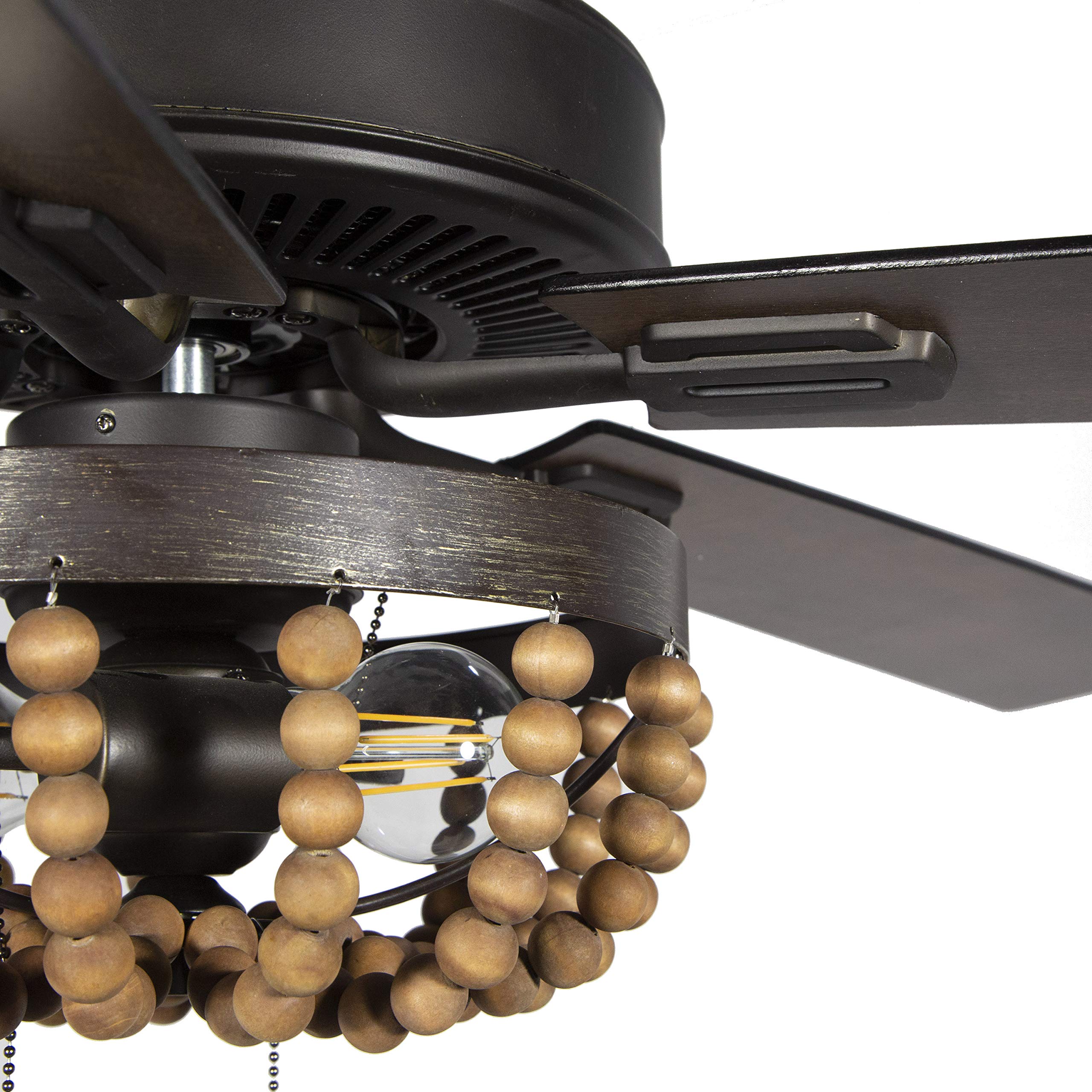52 Inch Coastal Wooden Bead LED Ceiling Fan with Remote Control - Rustic Brown Finish for Bedroom, Living Room & Porch Cooling & Decor