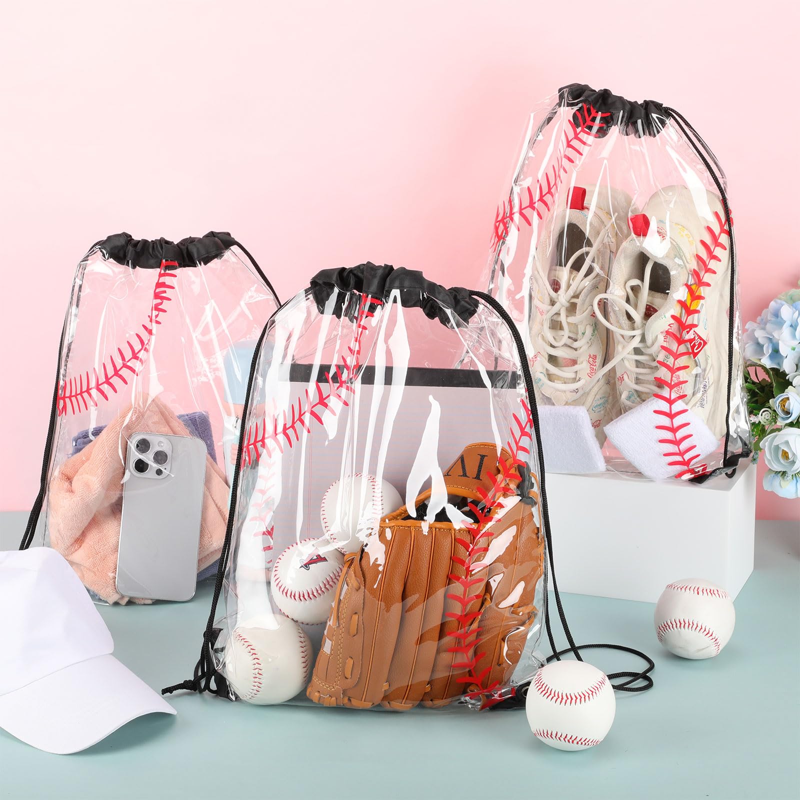 Cholemy 12 Pack Clear Plastic Drawstring Backpacks 17x13 Inch - Waterproof Baseball Gift Bags, Party Favors & Goodie Bags for Sports Events, Gym, Stadium Games & Team Celebrations - Perfect for Baseball Gifts, Team Snacks & Event Giveaways