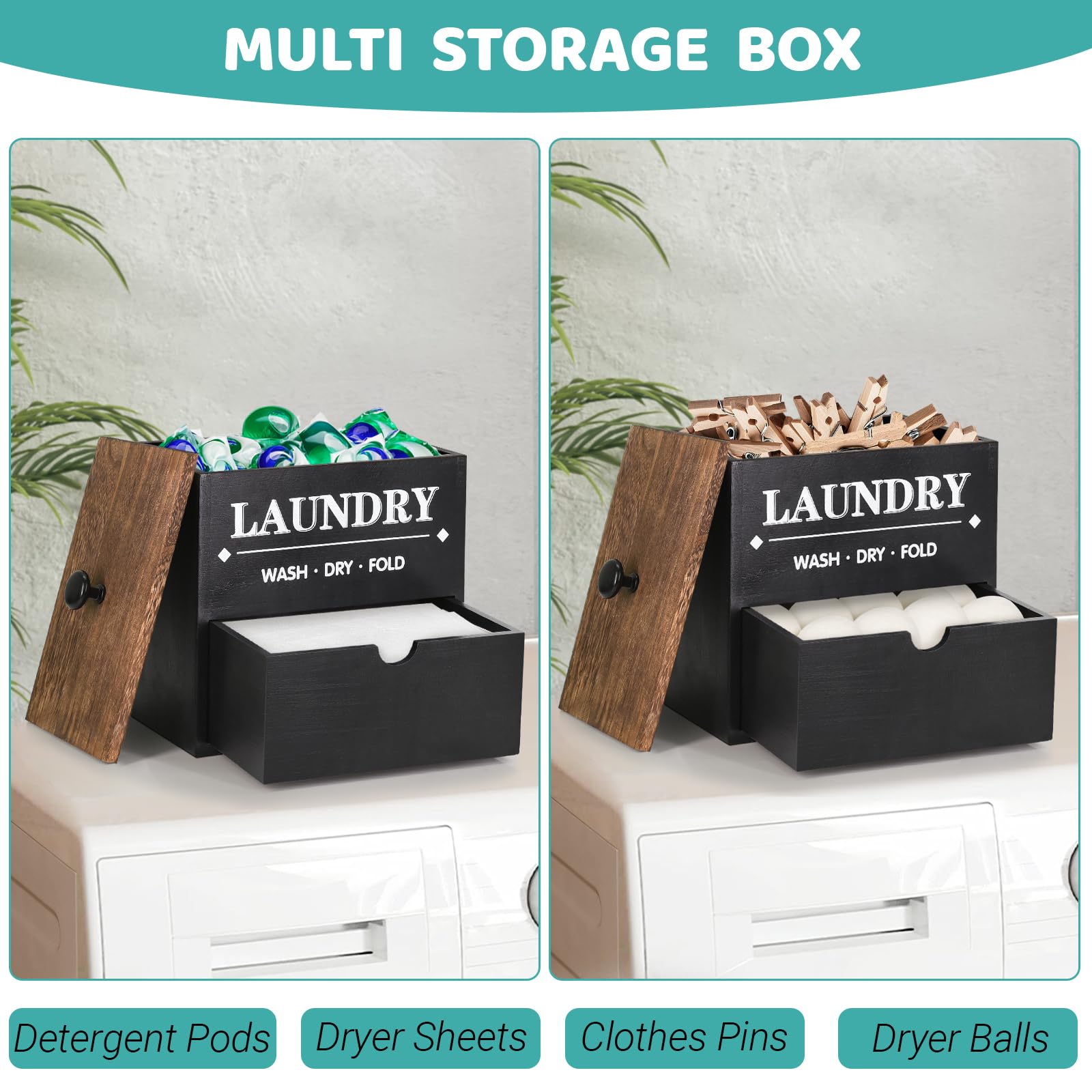 Wooden Dryer Sheet Holder with Drawer & Lid - Laundry Room Organizer for Dryer Sheets & Pods Storage - Wall Mounted Dispenser for Laundry Decor (Black) - Perfect for Small Spaces & Closet Organization