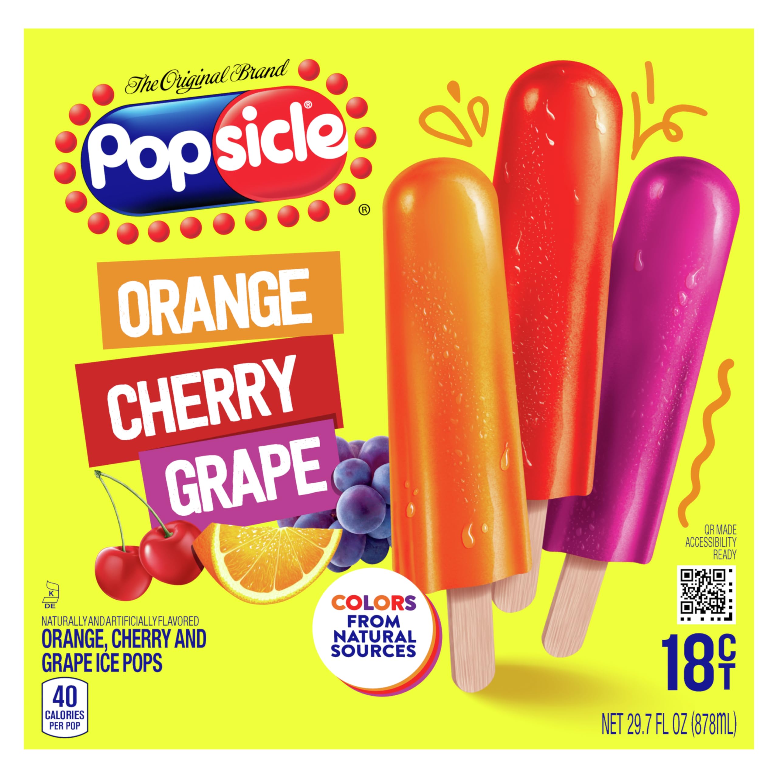 Popsicle Ice Pops - Orange, Cherry & Grape Flavored (18 Count) | Low-Calorie Frozen Treat (40 Calories Each) | Perfect for Summer Parties, Kids Snacks & Healthy Desserts