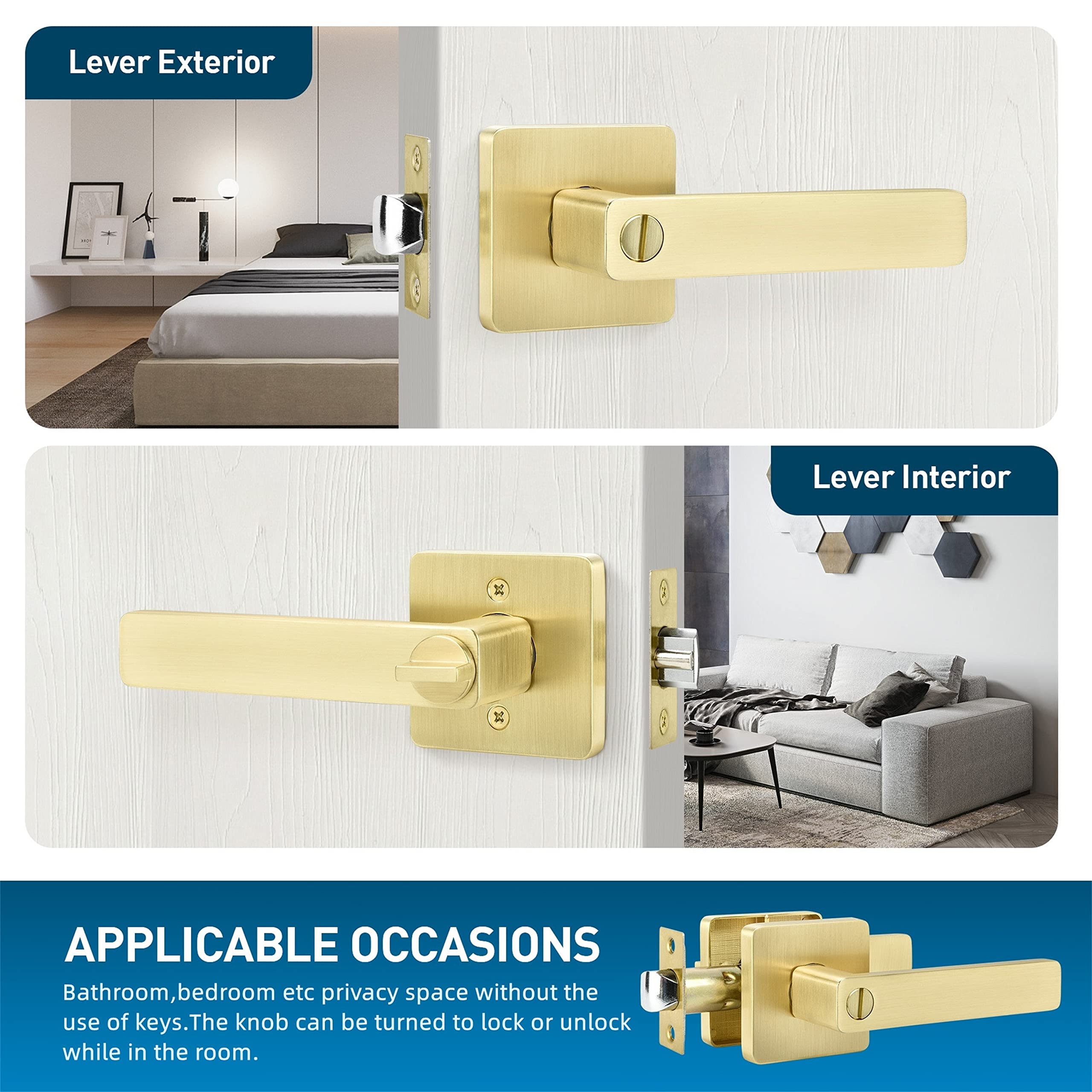 Leydebong 4 Pack Gold Door Handles - Heavy Duty Interior Door Knobs for Bedroom & Bathroom - Sleek Reversible Door Lock for Left/Right Hand - Perfect for Home, Office & Commercial Spaces