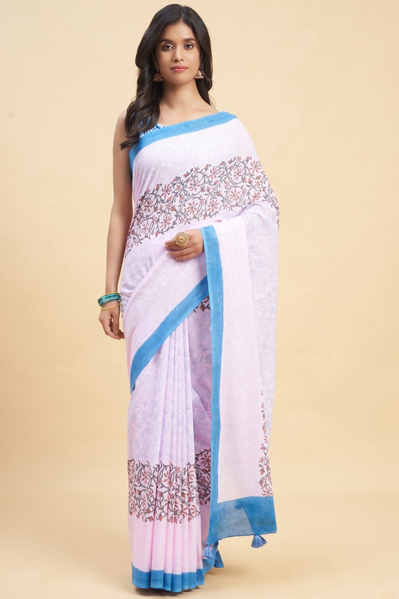 Handblock Printed Pink Crape Myrtle Cotton Saree - Traditional Indian Attire for Weddings, Festivals & Special Occasions