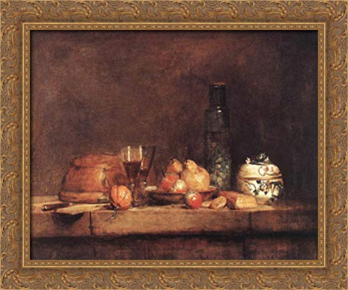 Still Life With Jar Of Olives 24x20 Gold Ornate Wood Framed Canvas Art Print by Jean Baptiste Simeon Chardin - Classic French Oil Painting Reproduction for Living Room, Dining Room & Office Decor
