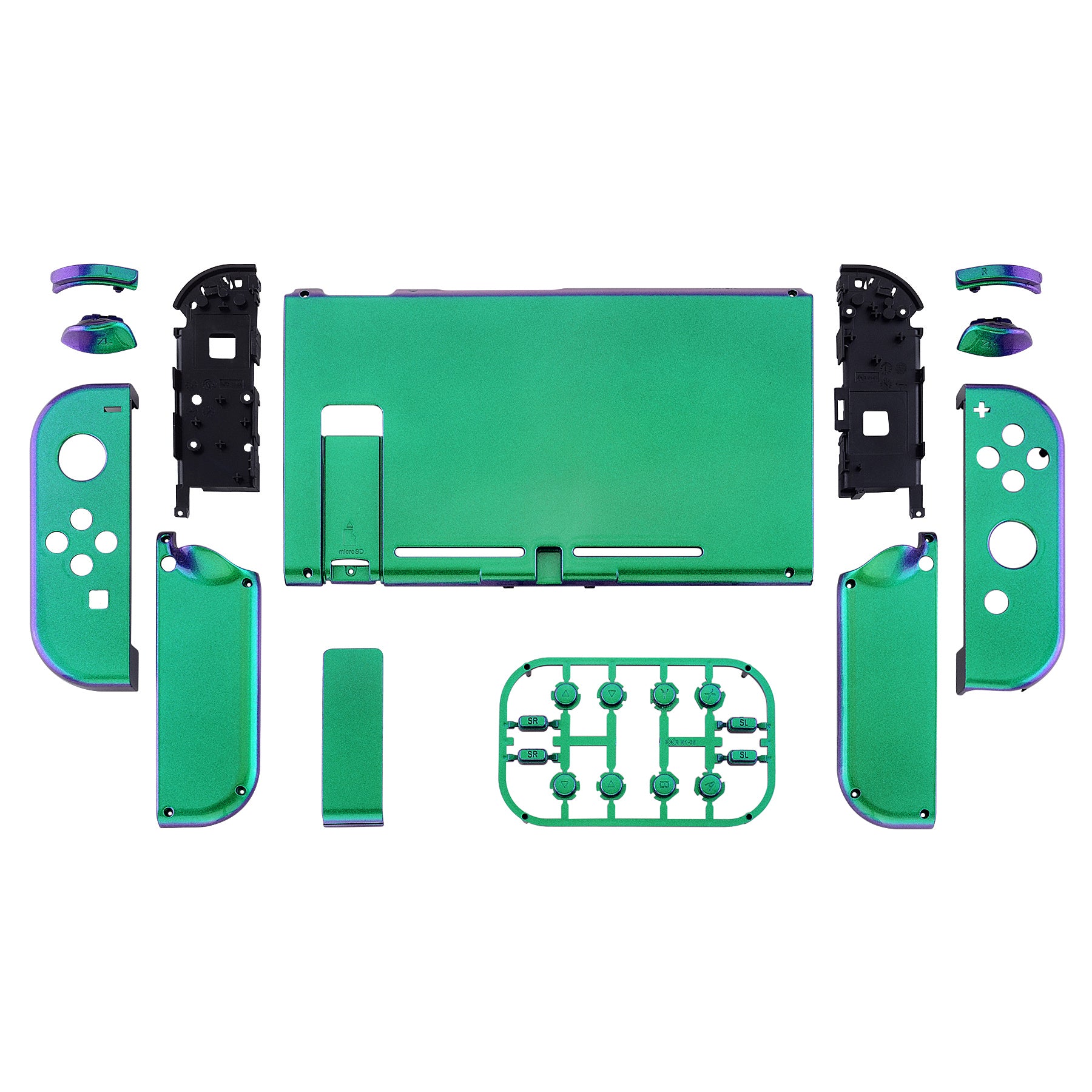 eXtremeRate Glossy Back Plate Replacement Shell for Nintendo Switch & Joy-Con Controllers - Chameleon Green Purple (QP311) | DIY Custom Housing with Full Button Set | Perfect for Gaming Enthusiasts & Console Modders
