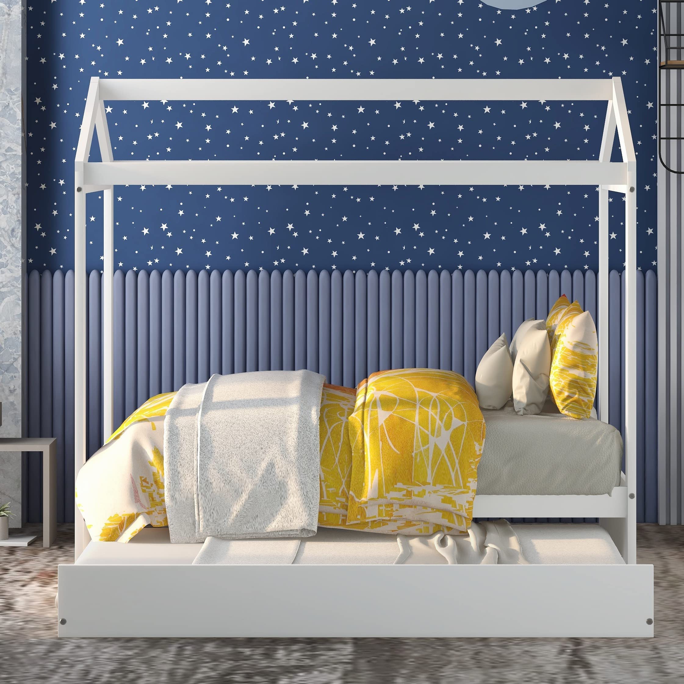 Bellemave Twin House Bed with Trundle - Kids Playhouse Bed with Roof - Twin Size Toddler Daybed Frame for Boys & Girls - White - Perfect for Bedrooms, Playrooms & Sleepovers