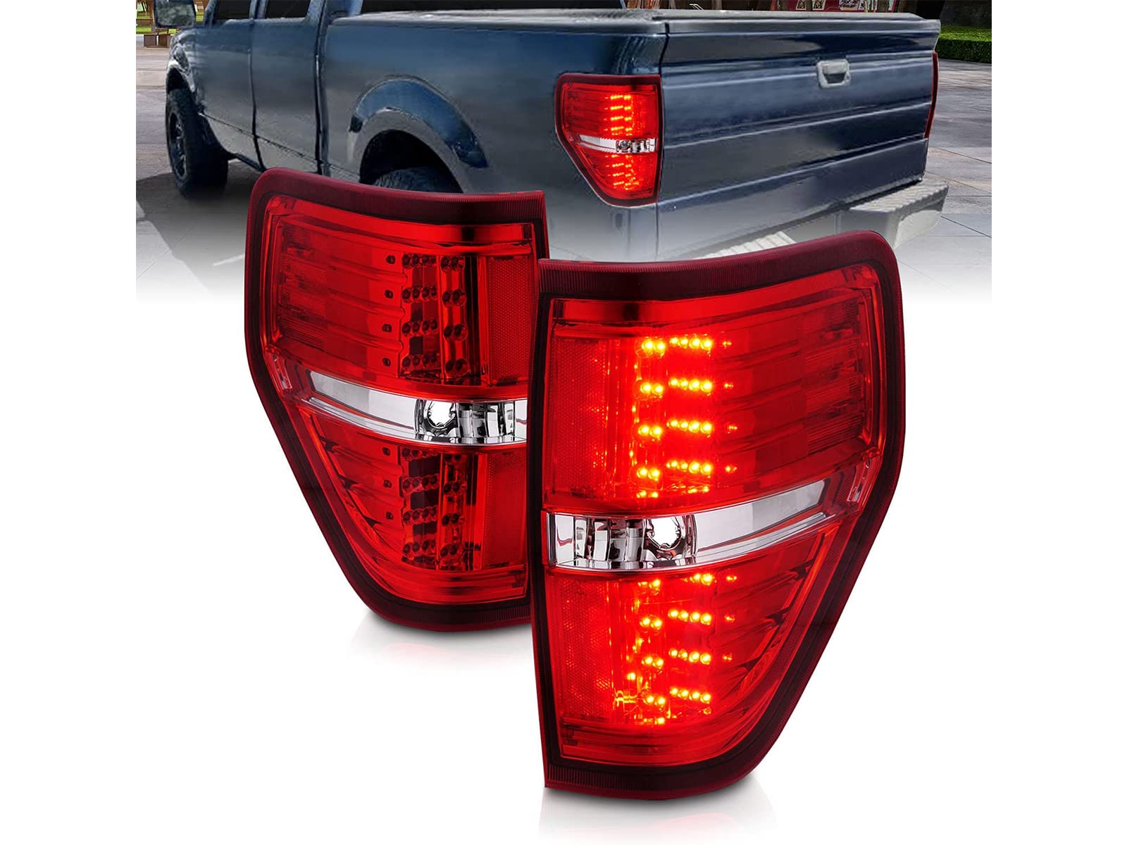 AmeriLite Red/Clear LED Brake Tail Lights Replacement Set for 2009-2014 Ford F-150 (Both Driver & Passenger Side) - Durable, Bright & Easy Installation for Enhanced Night Driving Safety