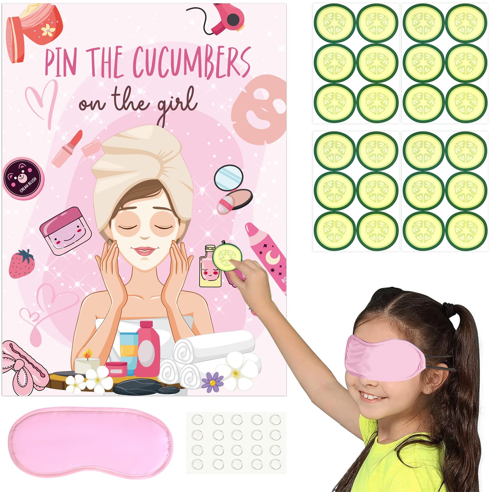 SPA Party Games Kit - Pin The Cucumbers on The Girl Game with Stickers, Poster & Blindfold - 20x27 Inch Spa Party Decorations for Kids, Girls & Women - Perfect for Makeup Parties, Birthday Parties & Girls Night Out Fun