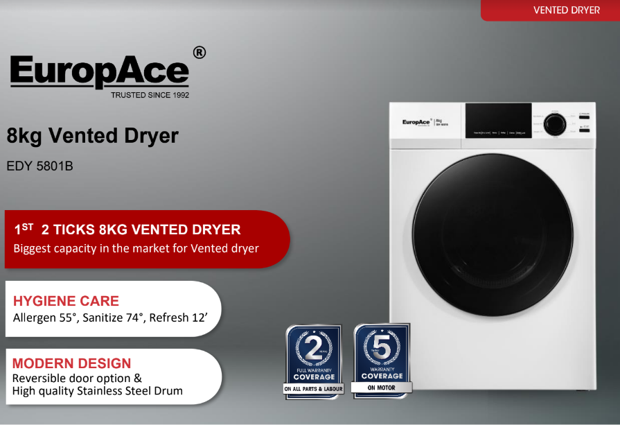 EuropAce EDY5801B 8kg Vented Dryer - Energy Efficient Laundry Dryer for Home Use | Perfect for Apartments, Small Spaces & Quick Drying Clothes
