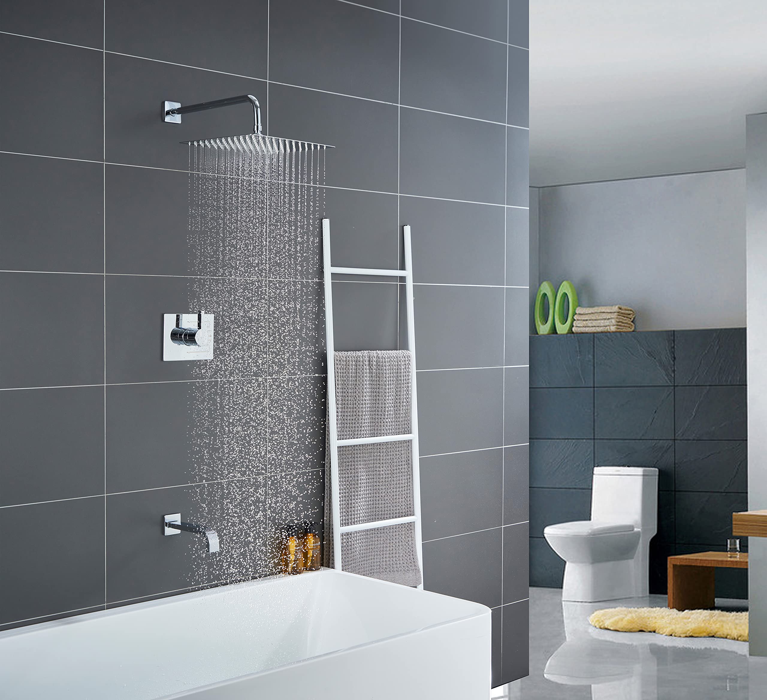 Rain Shower System with Waterfall Tub Spout - 2 Function Chrome Shower Faucet Set Includes 12 Inch Shower Head & Tub Spout Trim Kit (Valve Included) - Perfect for Modern Bathroom & Spa Experience