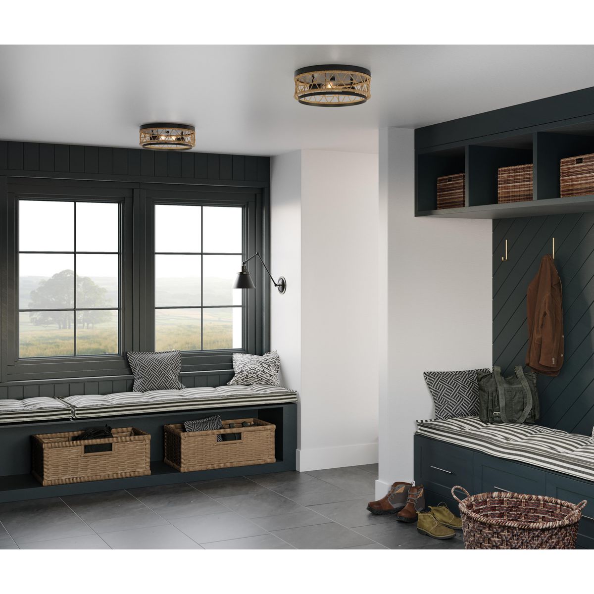 Chandra Collection 12 Inch Modern Two Light Flush Mount Ceiling Light with Woven Shade - Perfect for Bedroom, Living Room, and Dining Room Lighting