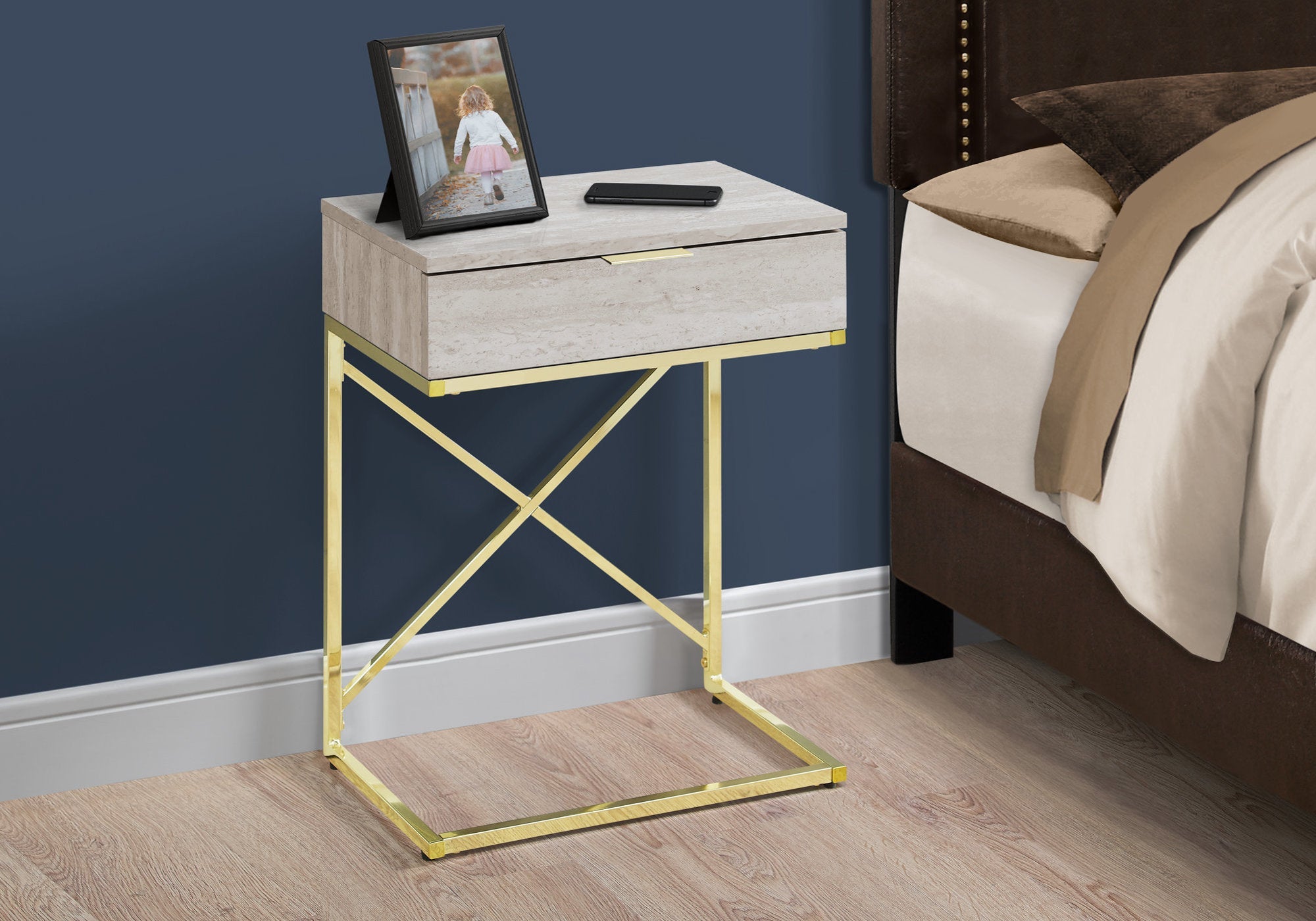24H Modern Accent Table with Beige Marble Top & Gold Metal Base - Perfect for Living Room, Bedroom, or Entryway Decor