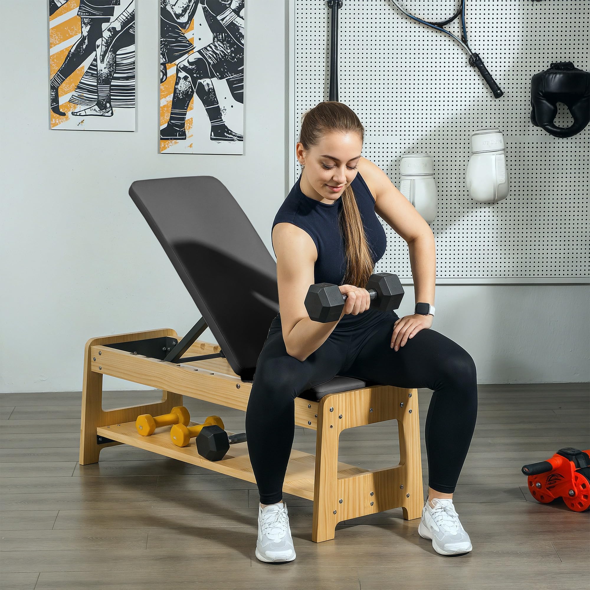 Soozier Adjustable Weight Bench with Dumbbell Rack - Wooden Workout Bench for Home Gym, Flat/Incline Exercise Bench for Strength Training & Weight Lifting - Perfect for Home Fitness, Bodybuilding & CrossFit Workouts