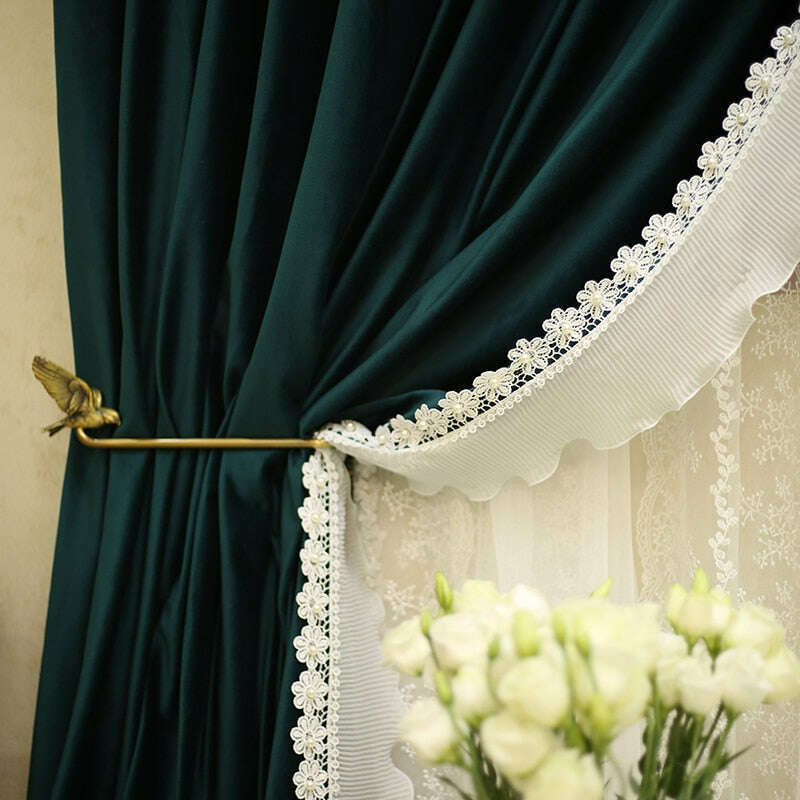 Ethan Floral Lace Velvet Luxury Curtains - Dark Green Blackout Drapes for Living Room & Bedroom Window Decor