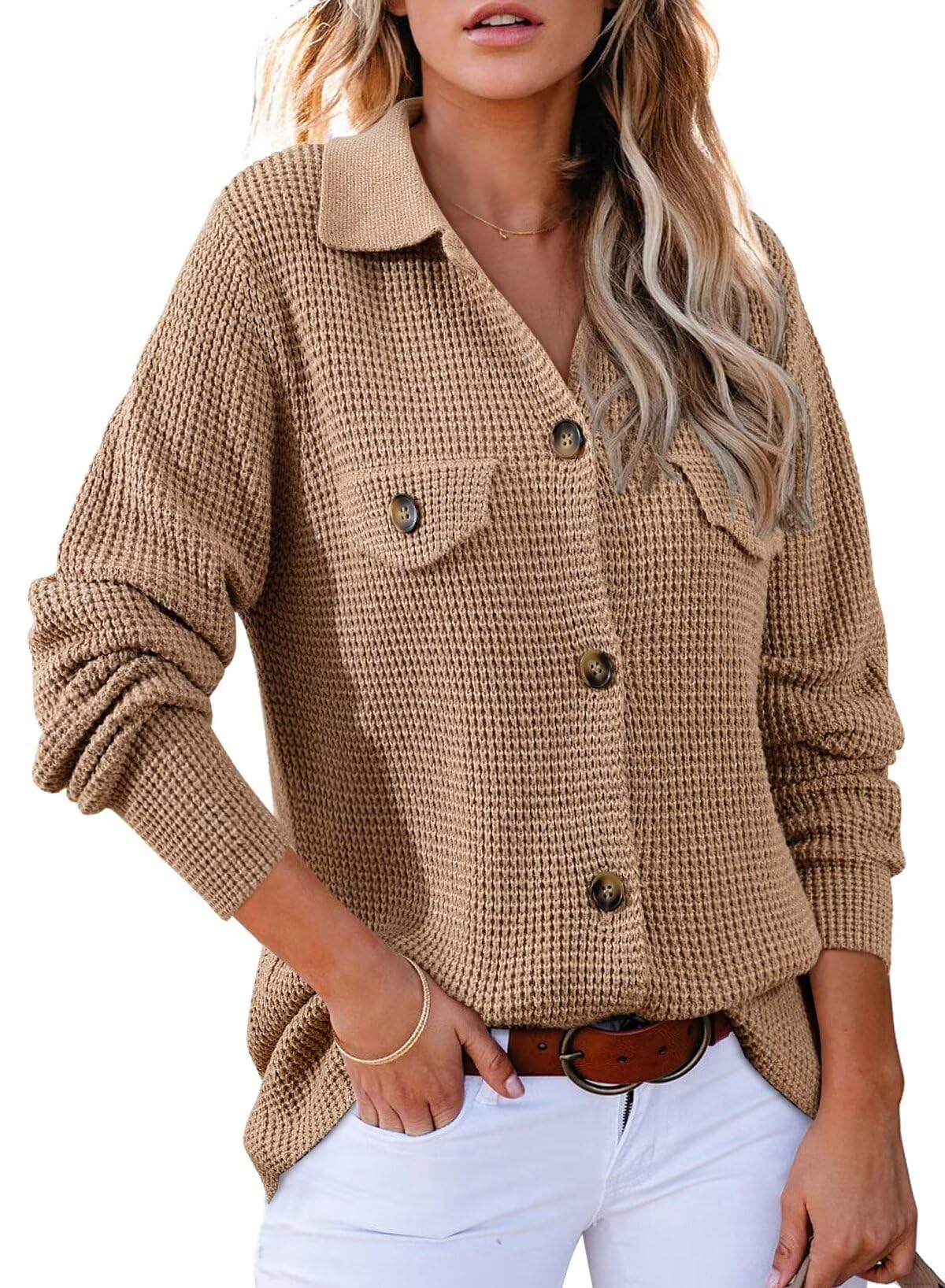 Stylish Women's Waffle Knit Shacket Jacket - Long Sleeve Button Down Sweater Top for Casual & Dressy Outfits | Perfect for Fall Layering, Office Wear & Weekend Outings