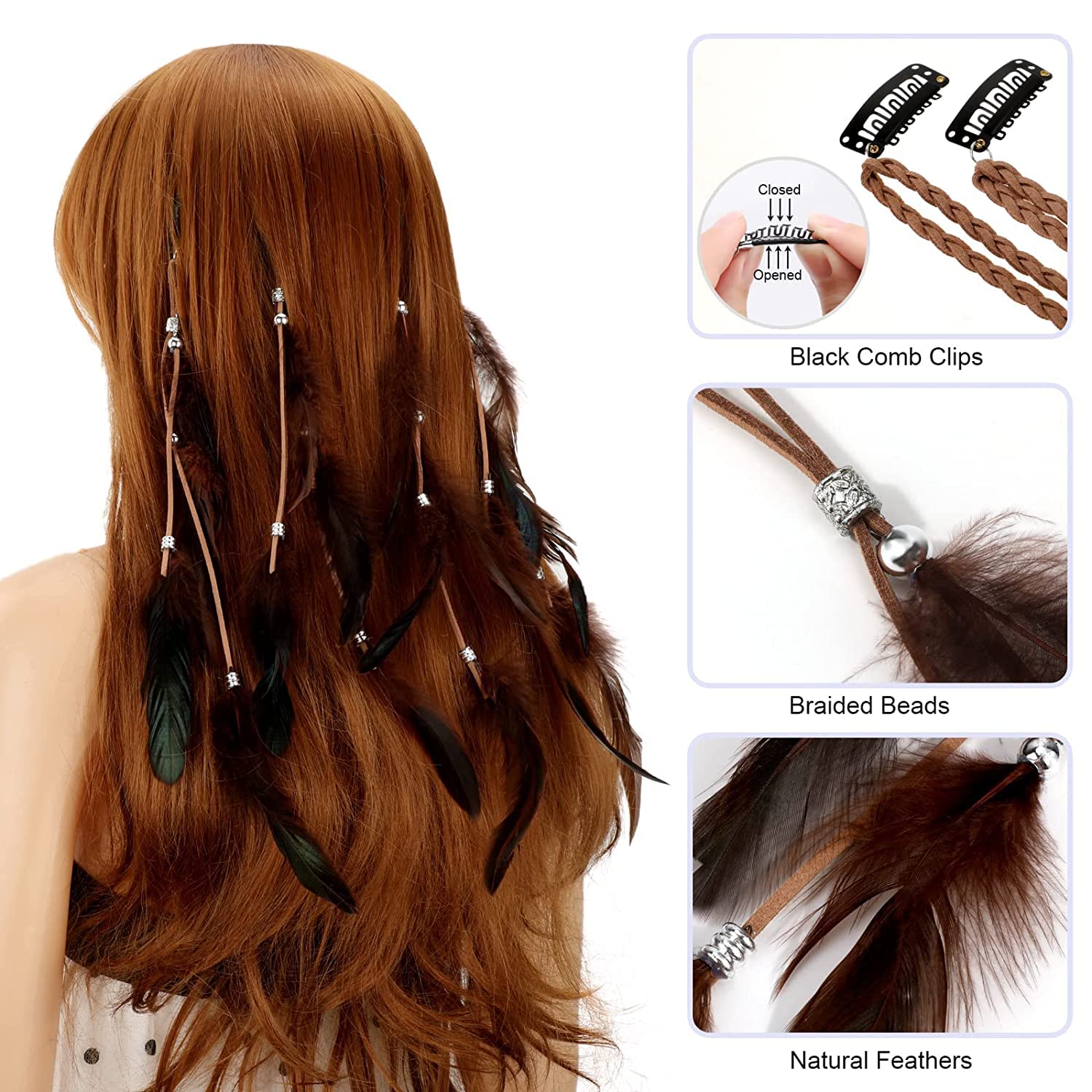 MWOOT 4Pcs Boho Feather Hair Clips for Women - Handmade Hippie Hair Accessories with Clip Comb & Indian Tassel Beads - Festival Headdress for Coachella, Raves, Concerts & Costume Parties (Brown Khaki)