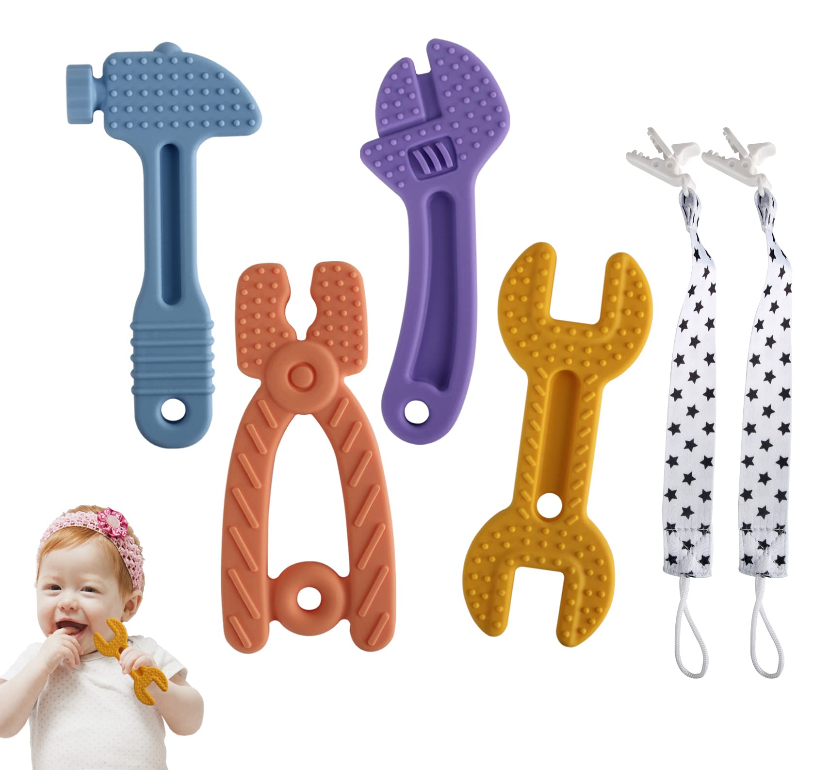 Chuya Baby Teether Toys - Soft BPA-Free Silicone Teething Toys for Infants 3-12 Months | Safe Chew Toy Set with Hammer & Wrench Design | Easy to Hold & Clean (4-Pack) - Perfect for Soothing Sore Gums During Teething & On-the-Go Comfort