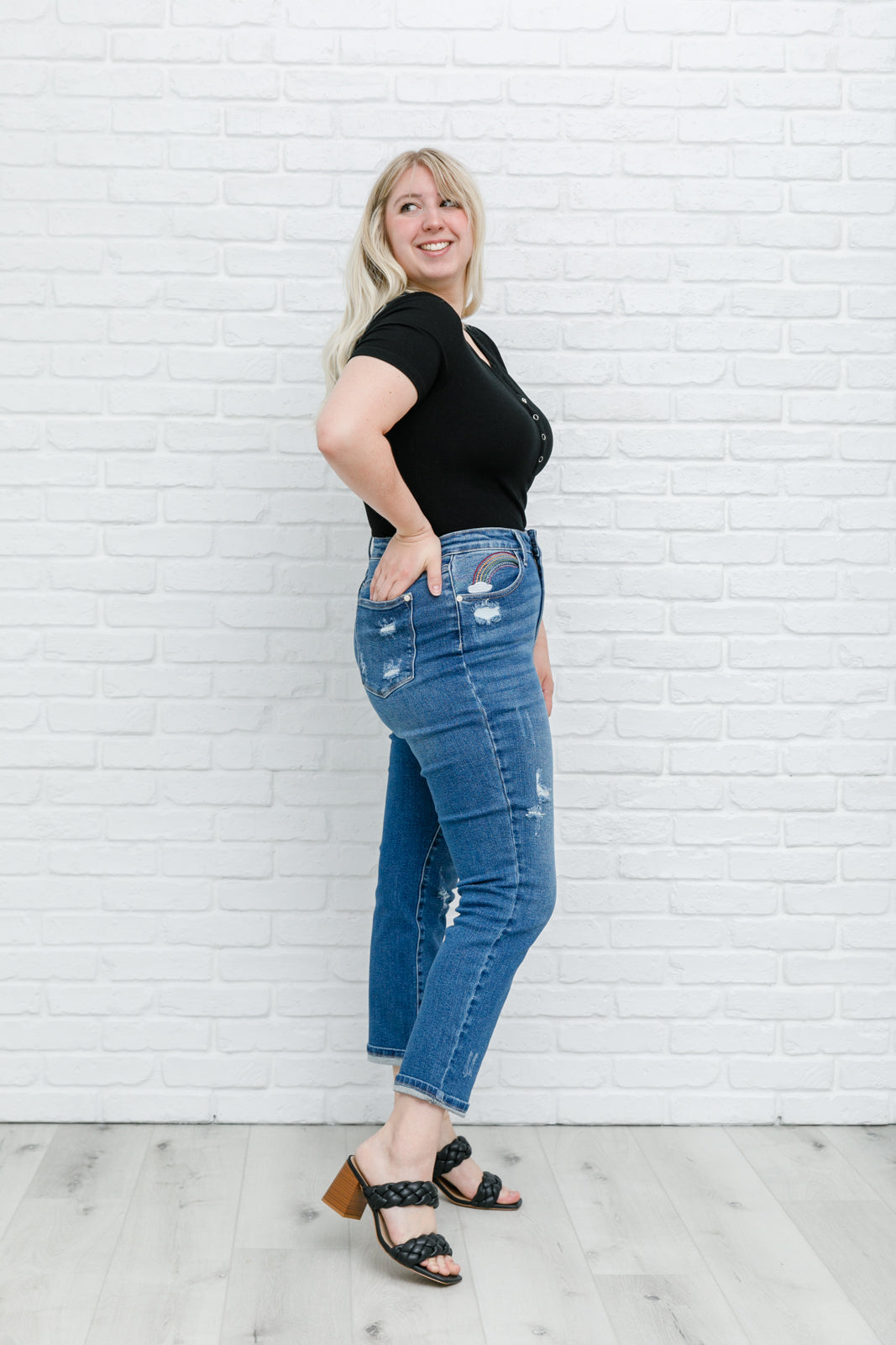 Hi Rise Rainbow Embroidery Cropped Straight Leg Jeans for Women - Trendy High Waisted Denim Pants with Colorful Stitching - Perfect for Casual Outfits, Street Style & Summer Fashion