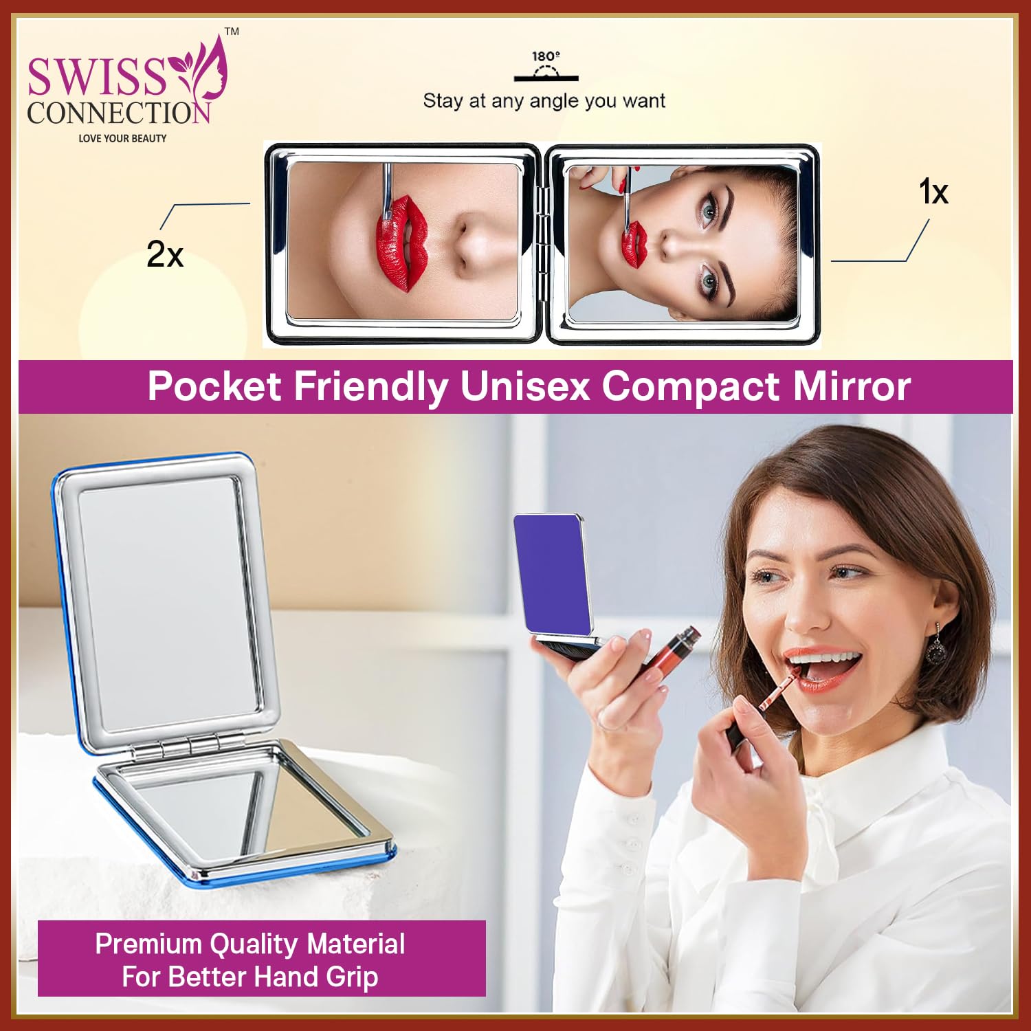 Swiss Connection Portable Double-Side Folding Mirror with Makeup Sponge Beauty Blender, Powder Brush & Non-Slip Wooden Handle Foundation Brush - 3 Pack for Travel, Home Vanity & Professional Makeup Application
