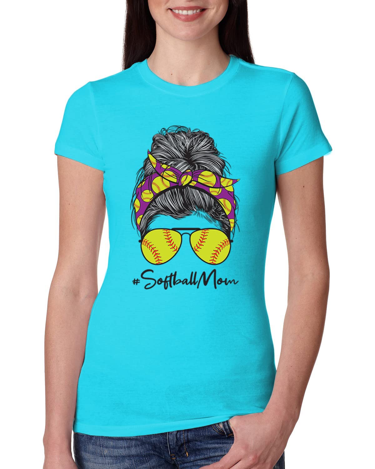 Messy Bun Softball Mom T-Shirt - Women's Slim Fit Junior Tee for Game Day, Sports Lovers & Mother's Day Gifts - Perfect for Baseball Games, Team Moms & Casual Wear