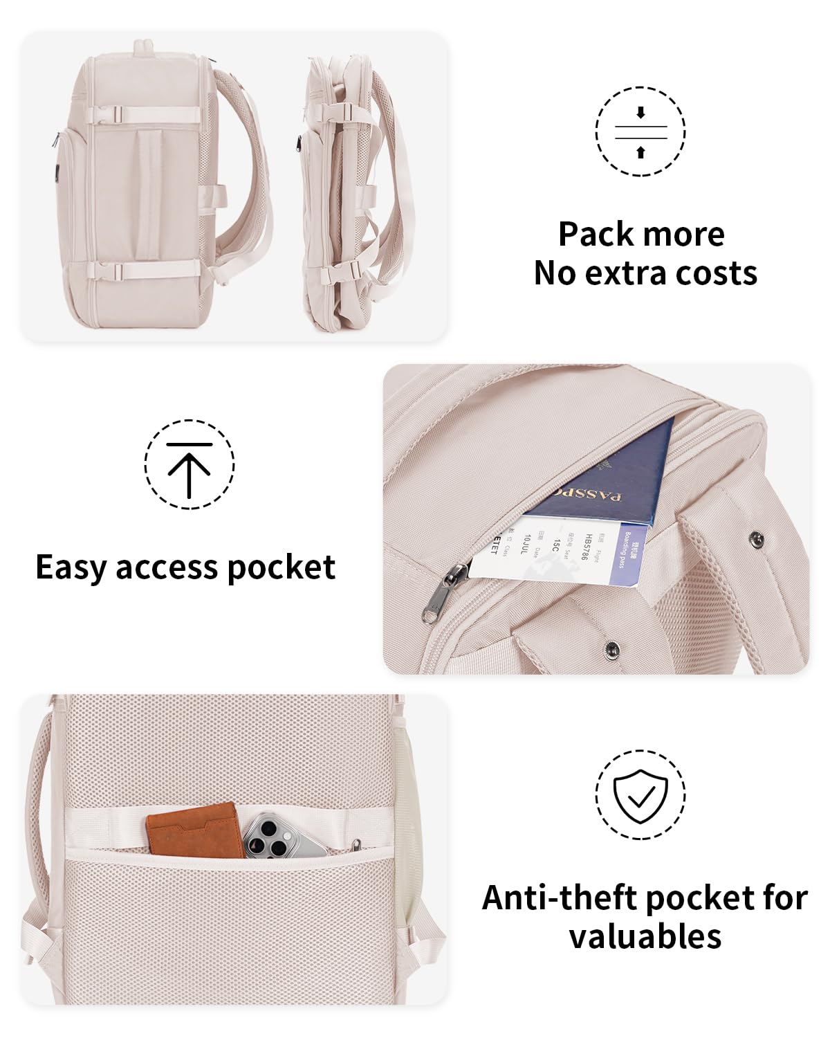 ECOHUB Women's Travel Backpack 30L - Airline Approved Carry On Personal Item Bag (18x14x8 Inch) with USB Charging Port & 14 Pockets, Includes Clear Toiletry Bag - Perfect for Spirit Airlines & Under Seat Storage - Ideal for Business Travel, Weekend Getaways & Commuting