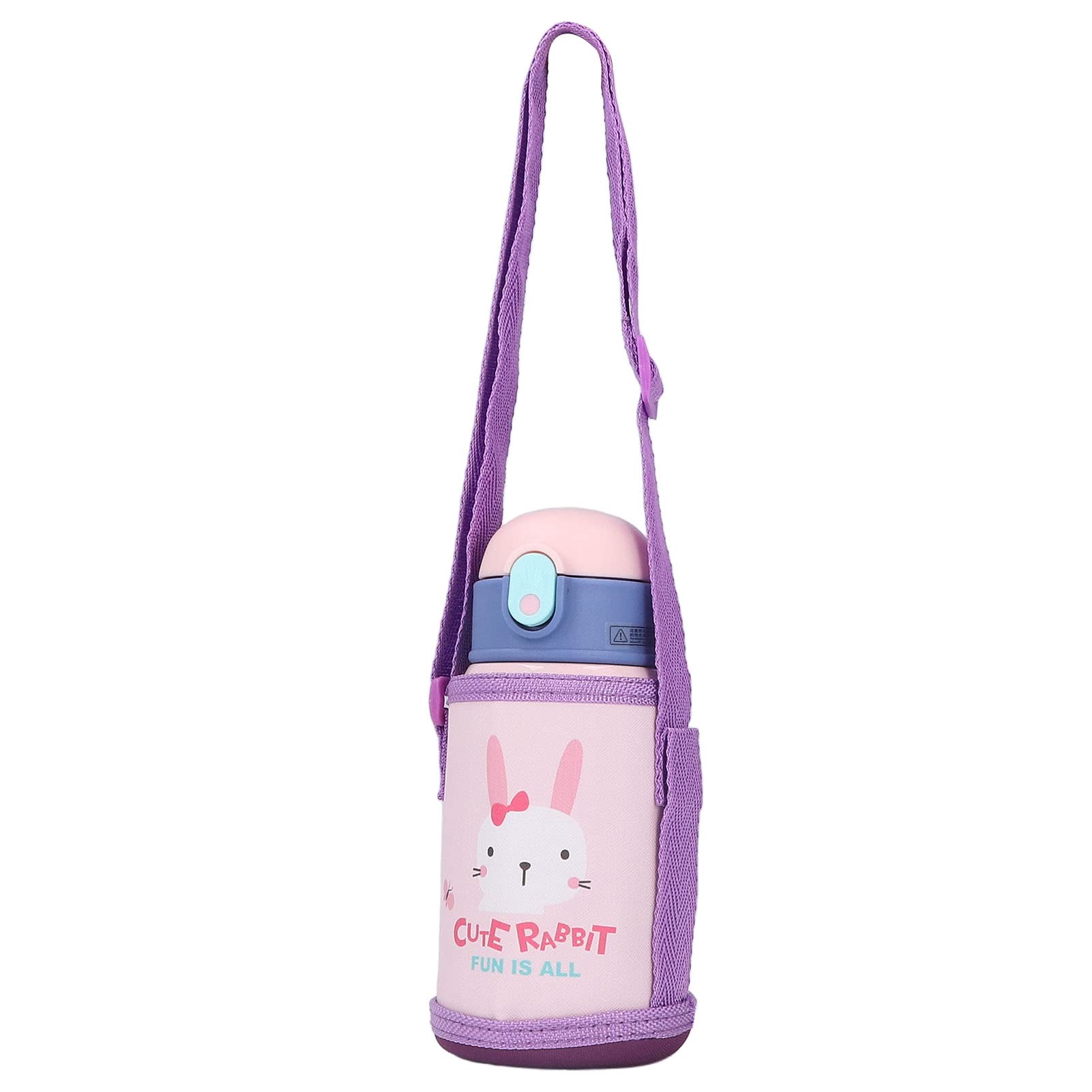 AUNMAS Kids Vacuum Insulated Water Bottle with Push Button Lid, Leak-Proof Stainless Steel Thermos with Strap - Cute Rabbit Design for School, Travel & Outdoor Activities