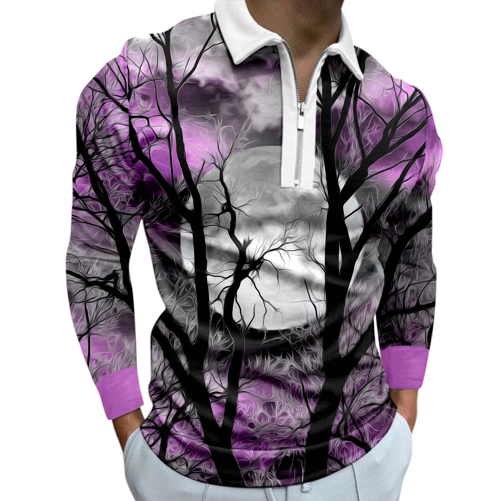 RTPR Men's Casual Long Sleeve Shirt with Zipper & Turn Down Collar - Halloween Print Tee for Party, Work & Everyday Wear