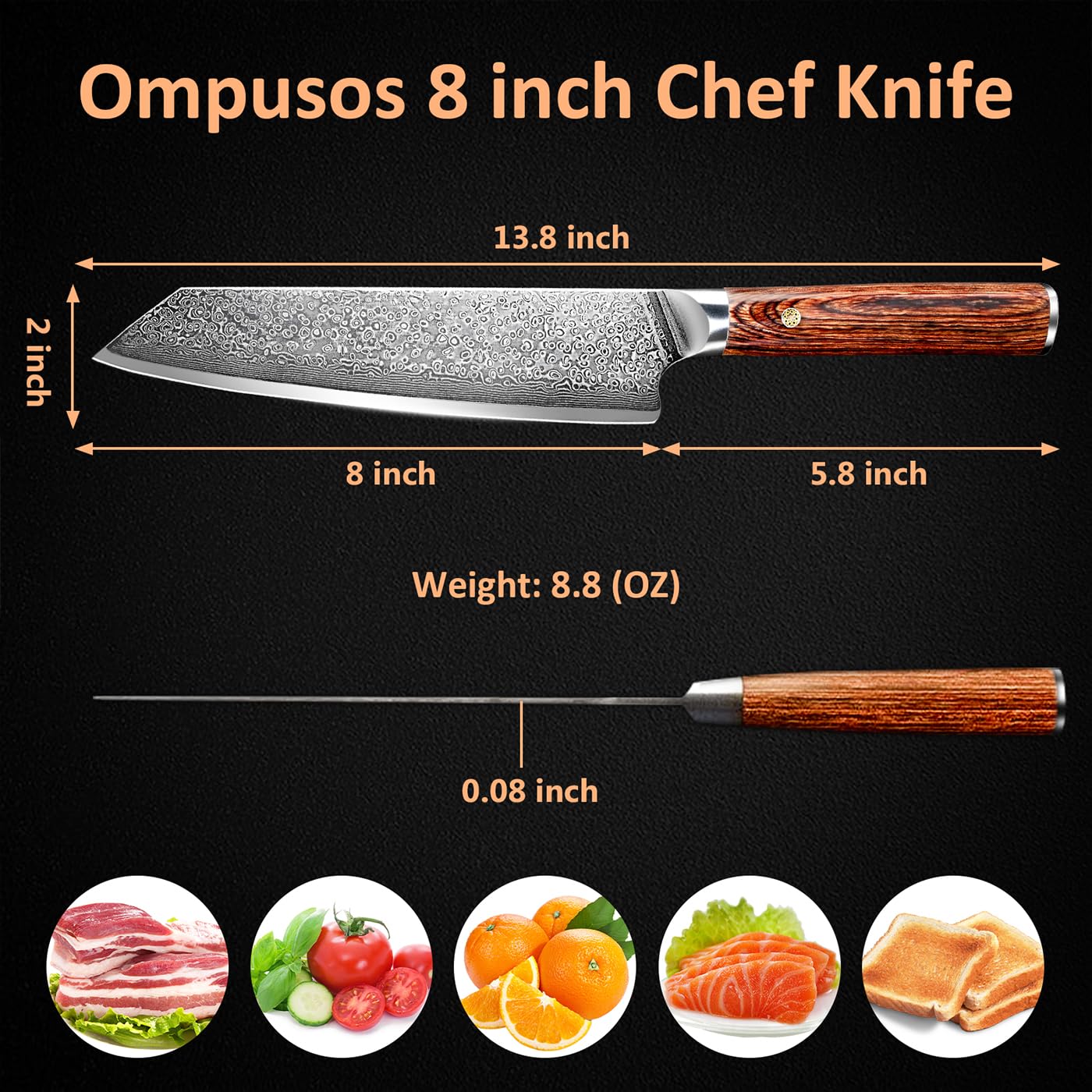 Ompusos 8 Inch Chef Knife - Ultra Sharp Japanese Damascus Kitchen Knife with VG-10 High Carbon Stainless Steel Blade & Ergonomic Wooden Handle - Perfect for Home Cooking, Professional Chefs, and Restaurant Use - Comes in Elegant Gift Box